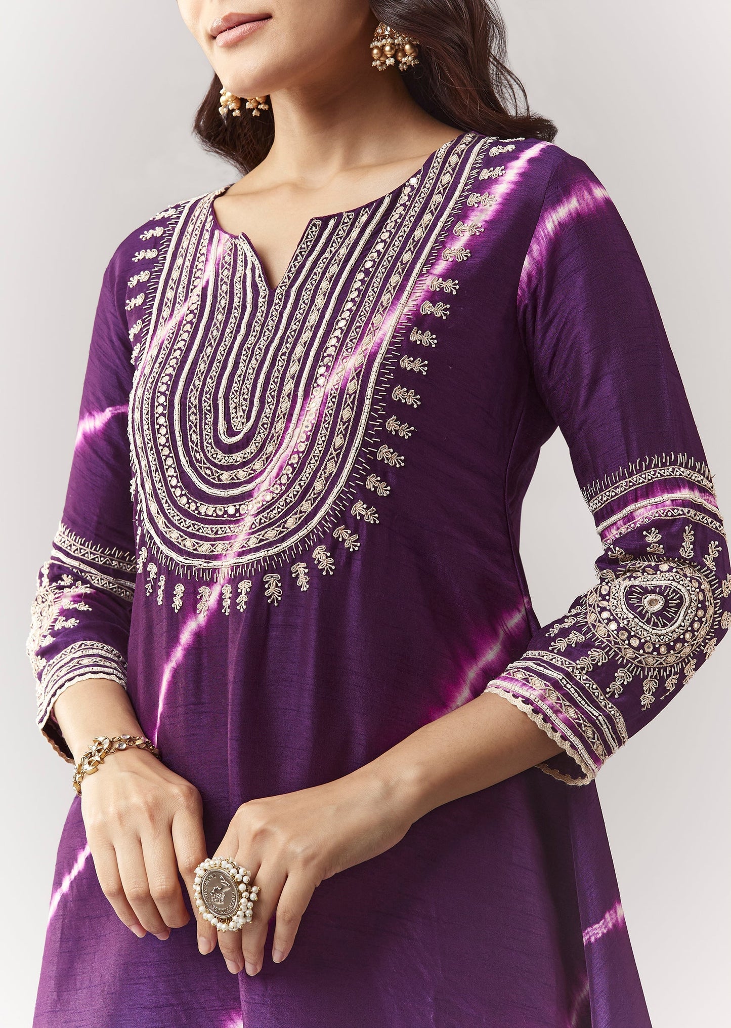 Purple Leheriya A Line Kurta Palazzo Set With Zardosi And Moti Work