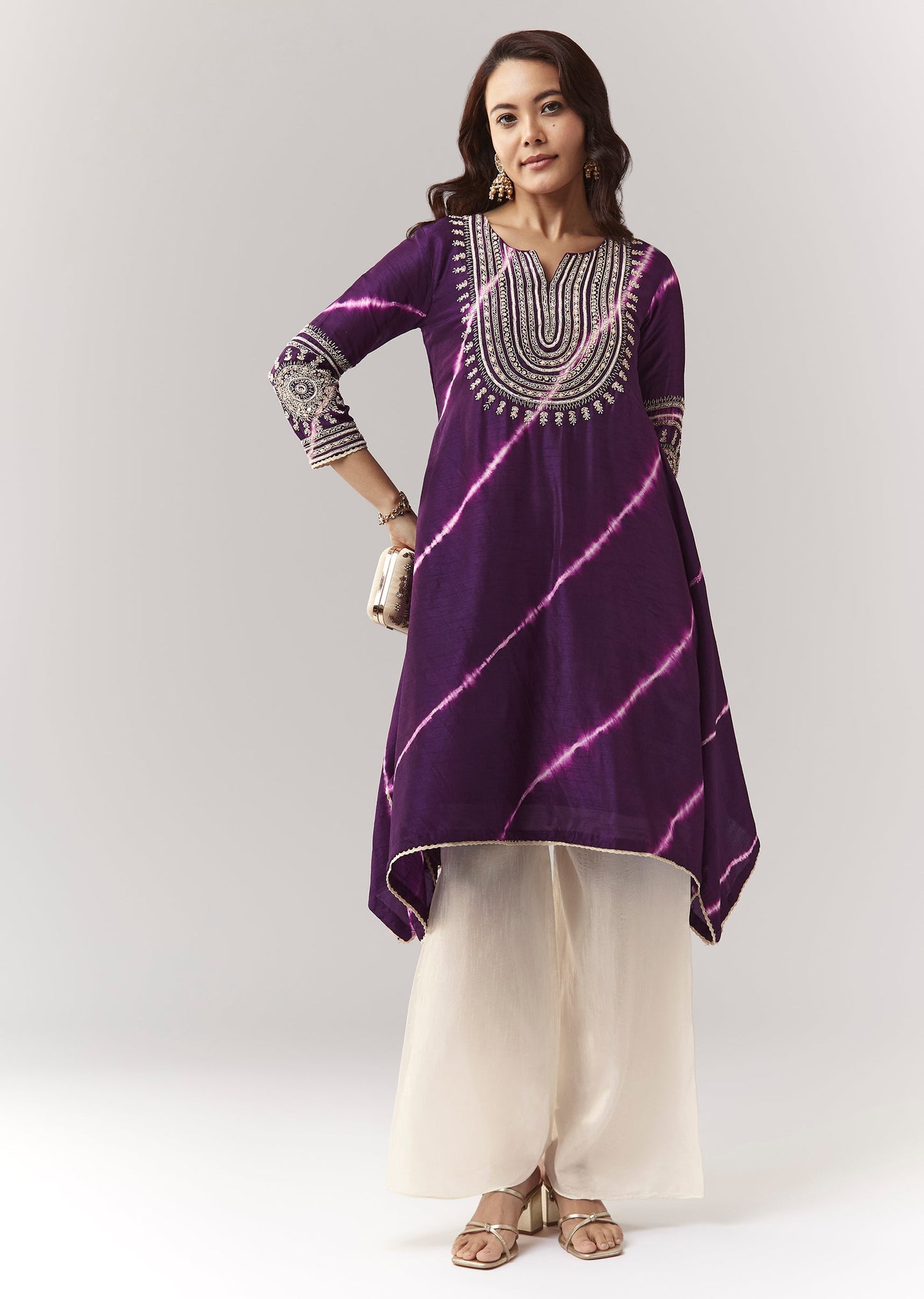 Purple Leheriya A Line Kurta Palazzo Set With Zardosi And Moti Work