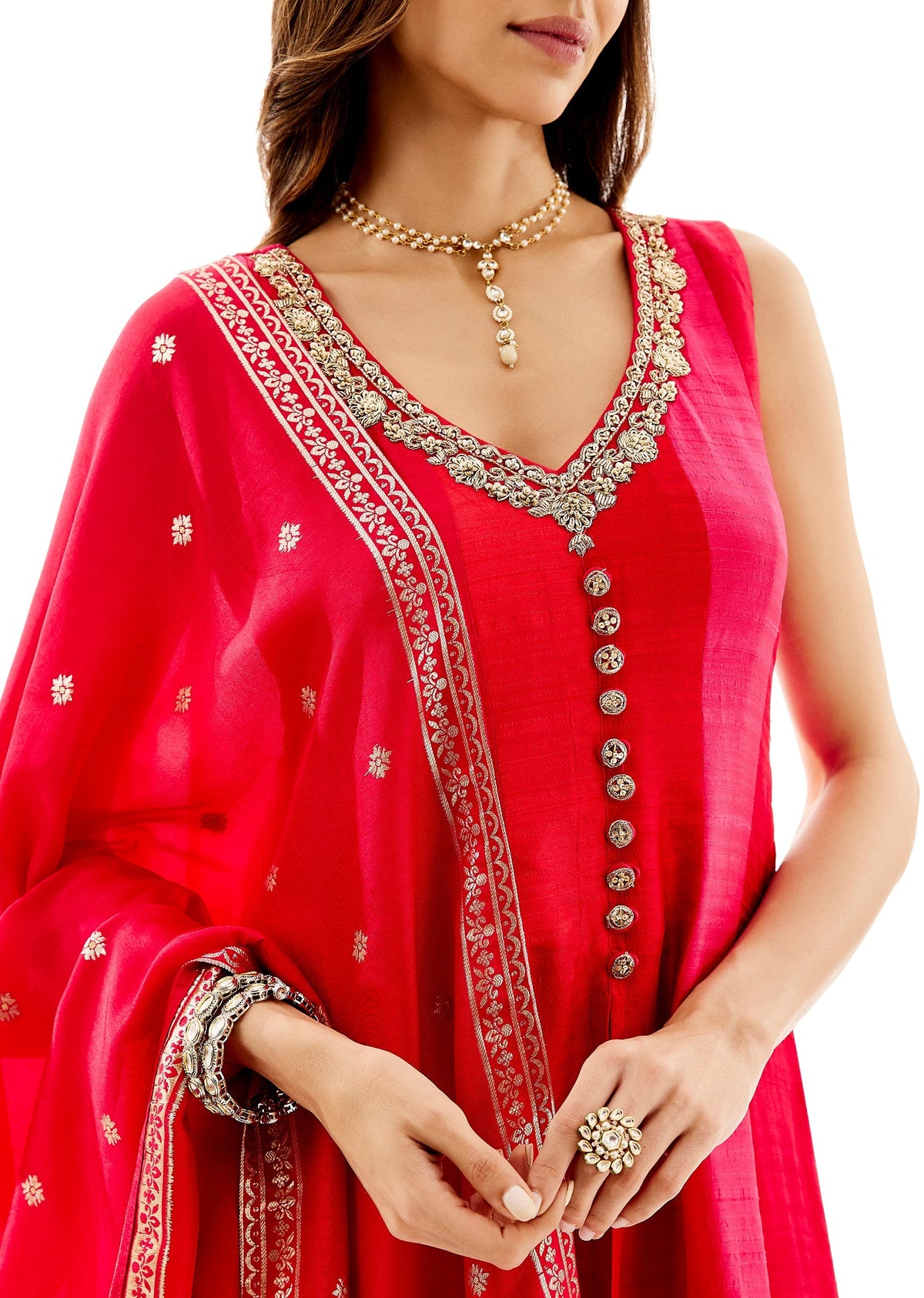 Rani Pink Banarasi Silk Anarkali And Dupatta With Zardosi Neck Work