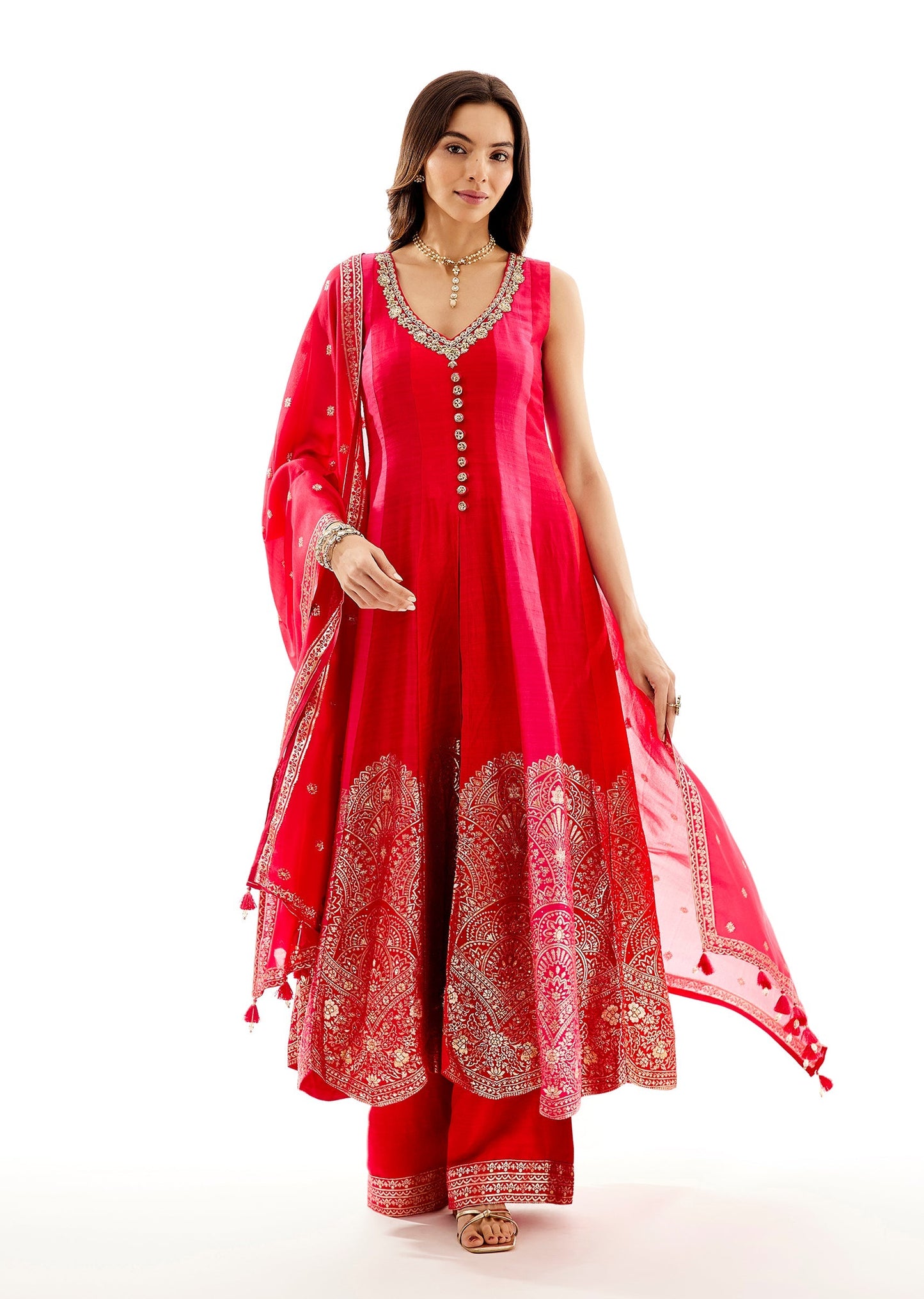 Rani Pink Banarasi Silk Anarkali And Dupatta With Zardosi Neck Work