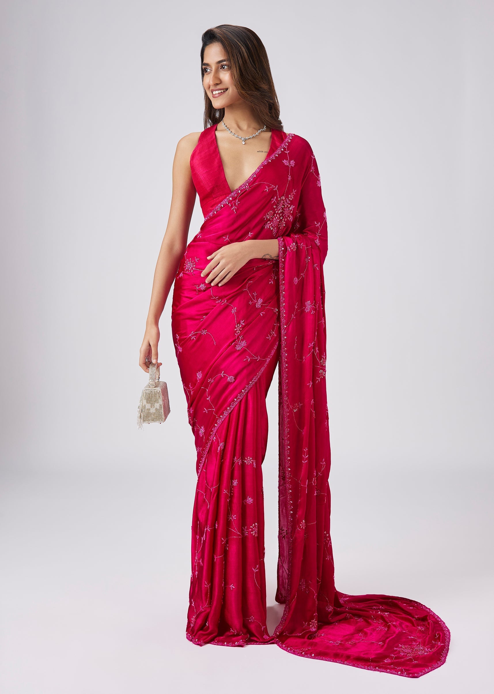 Rani Pink Chinon Silk Saree With Cutdana And Jaal Embroidery
