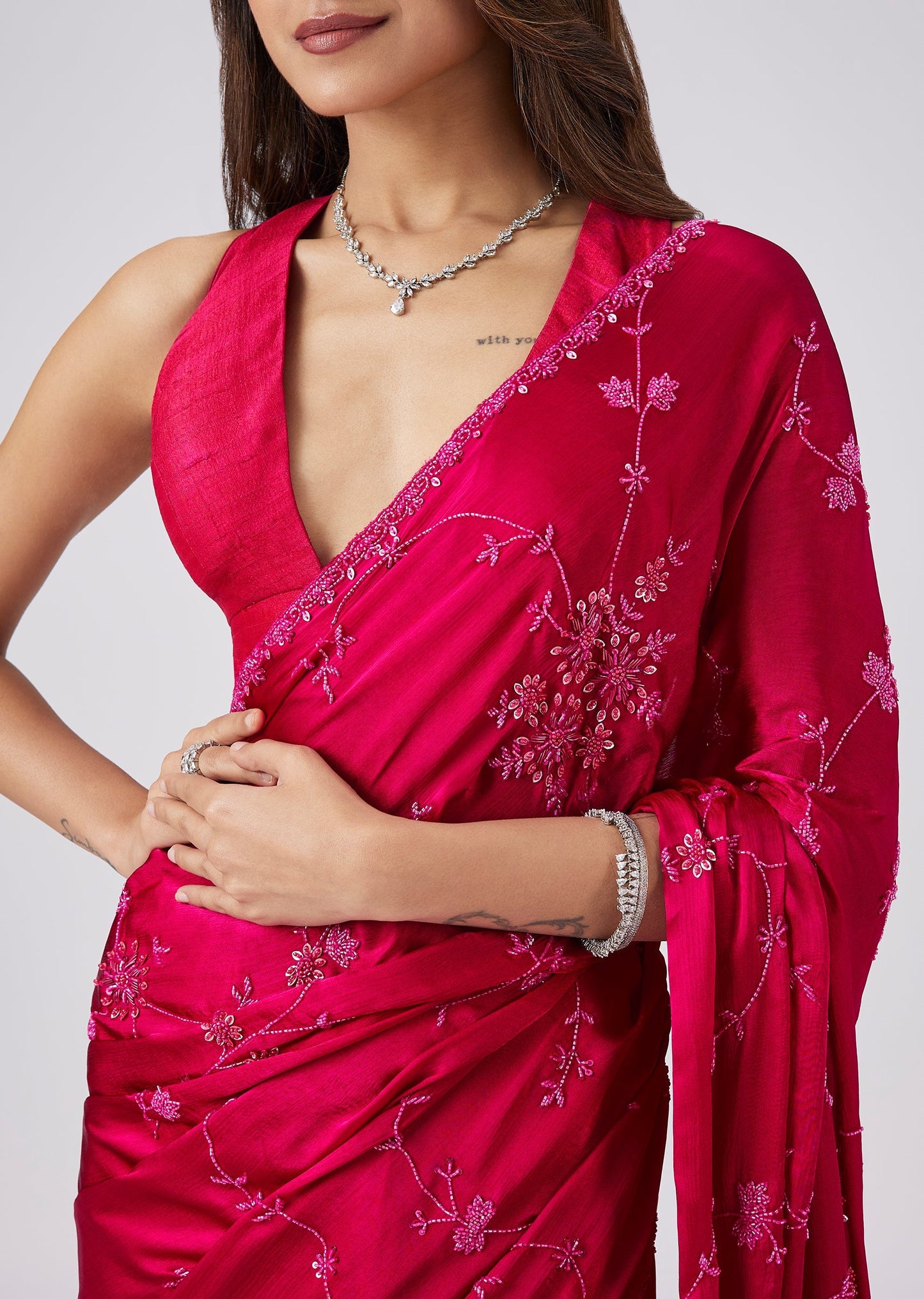 Rani Pink Chinon Silk Saree With Cutdana And Jaal Embroidery