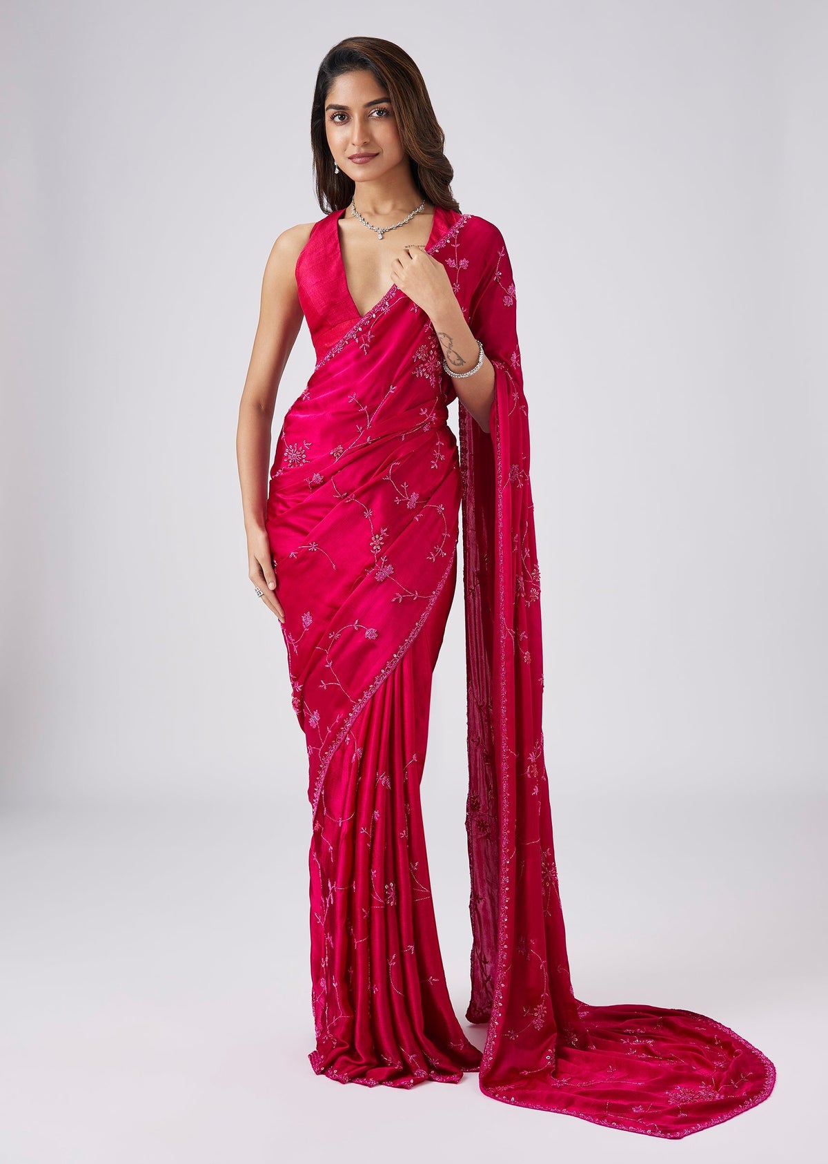 Rani Pink Chinon Silk Saree With Cutdana And Jaal Embroidery