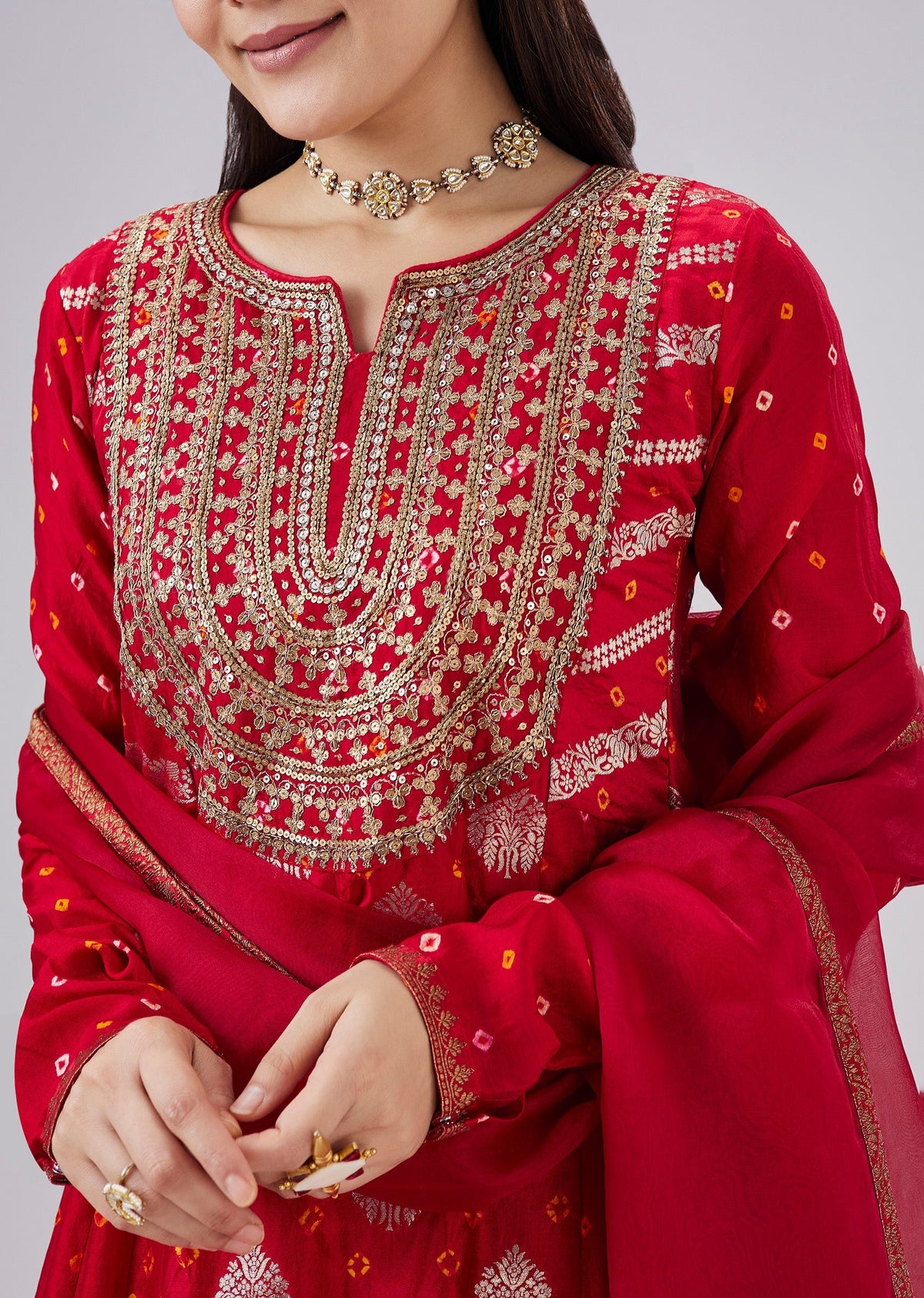 Red Banarasi Bandhani Silk Anarkali Set With Dupatta