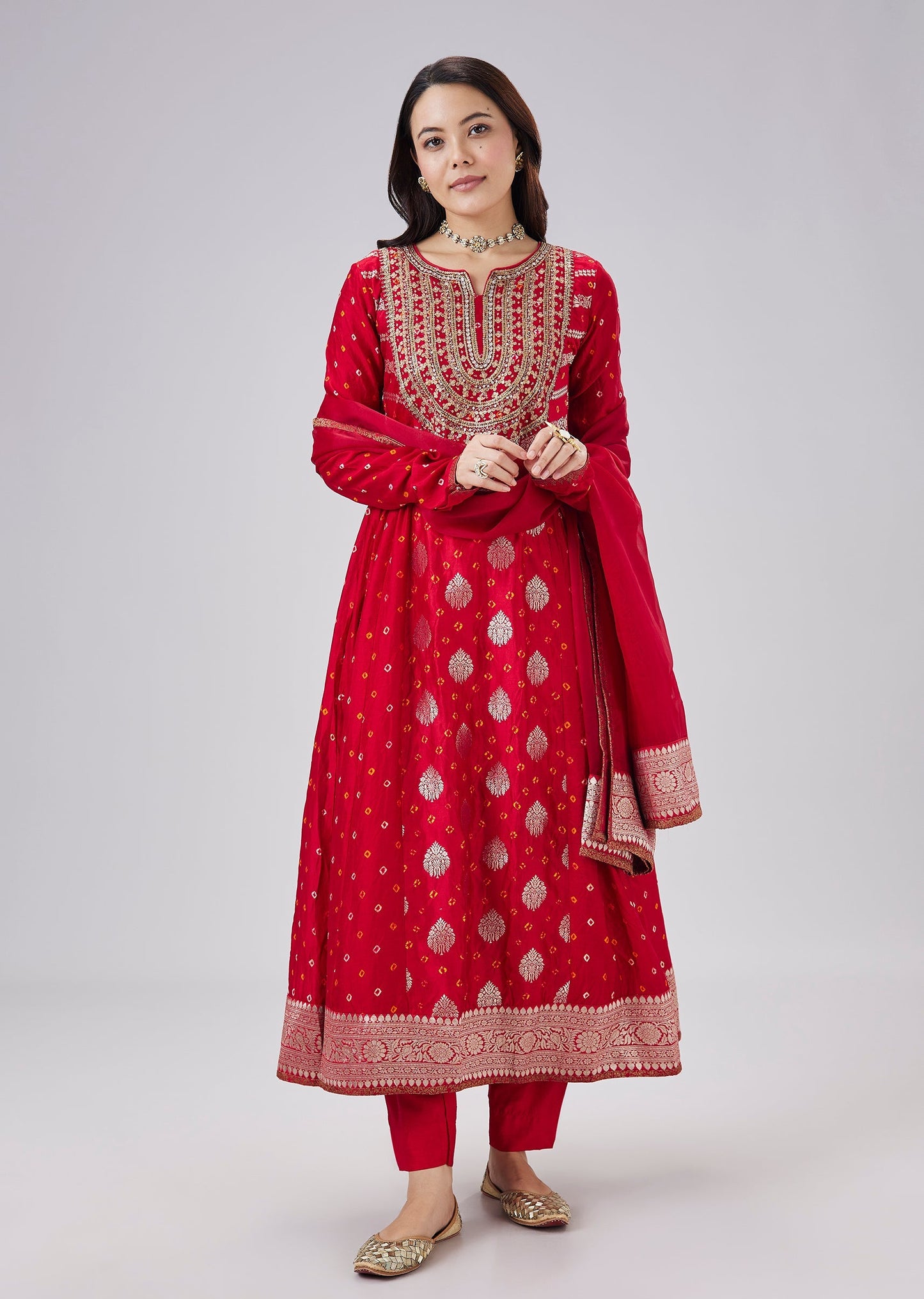 Red Banarasi Bandhani Silk Anarkali Set With Dupatta