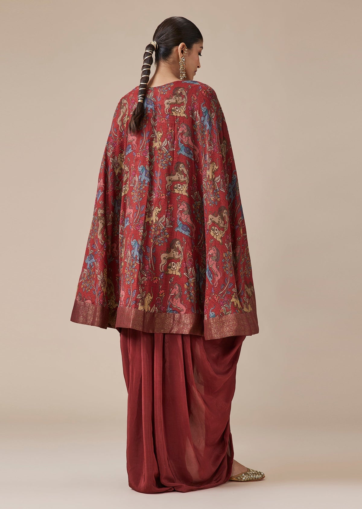 Red Banarasi Dhoti Pants And Cape Set