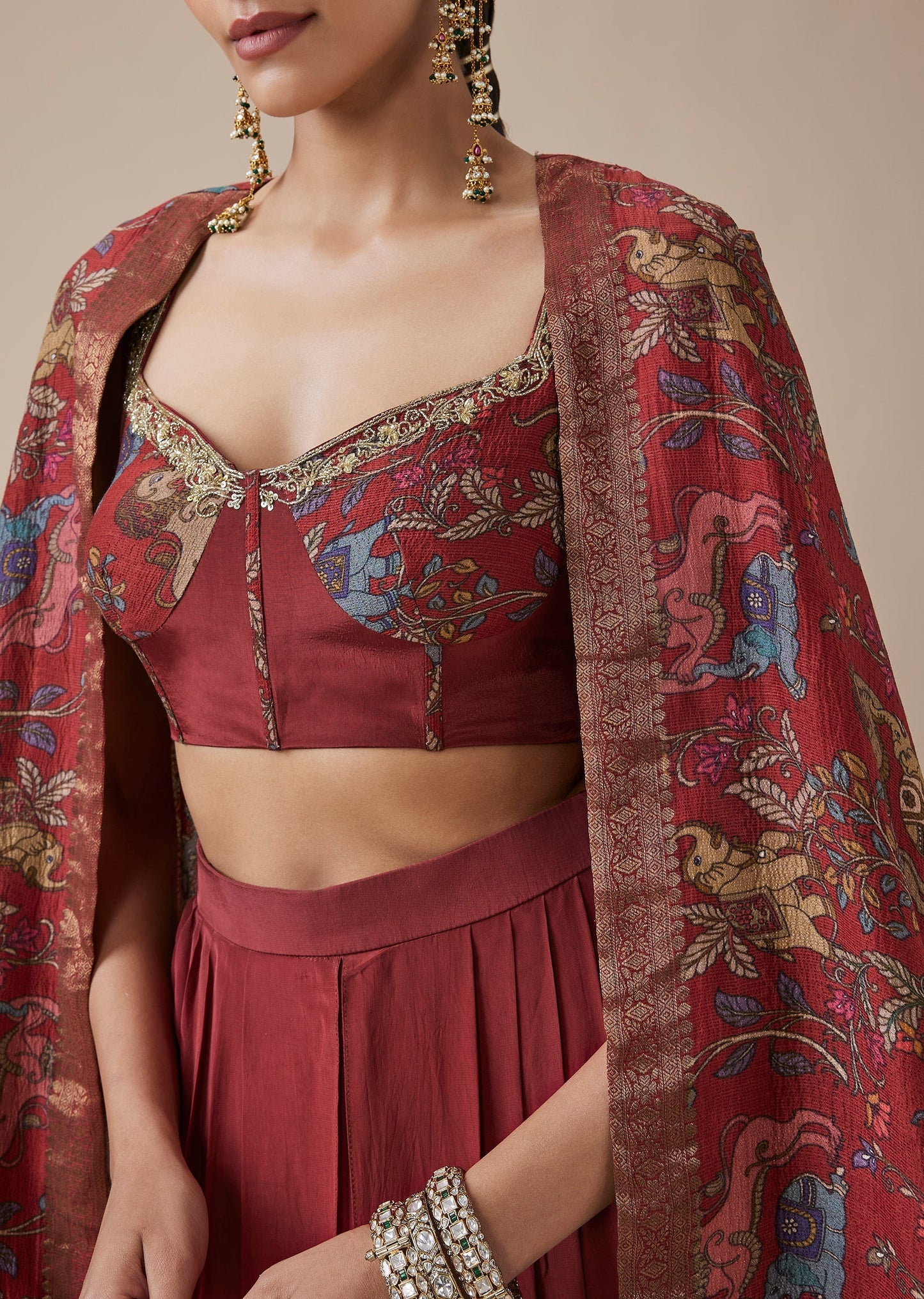 Red Banarasi Dhoti Pants And Cape Set