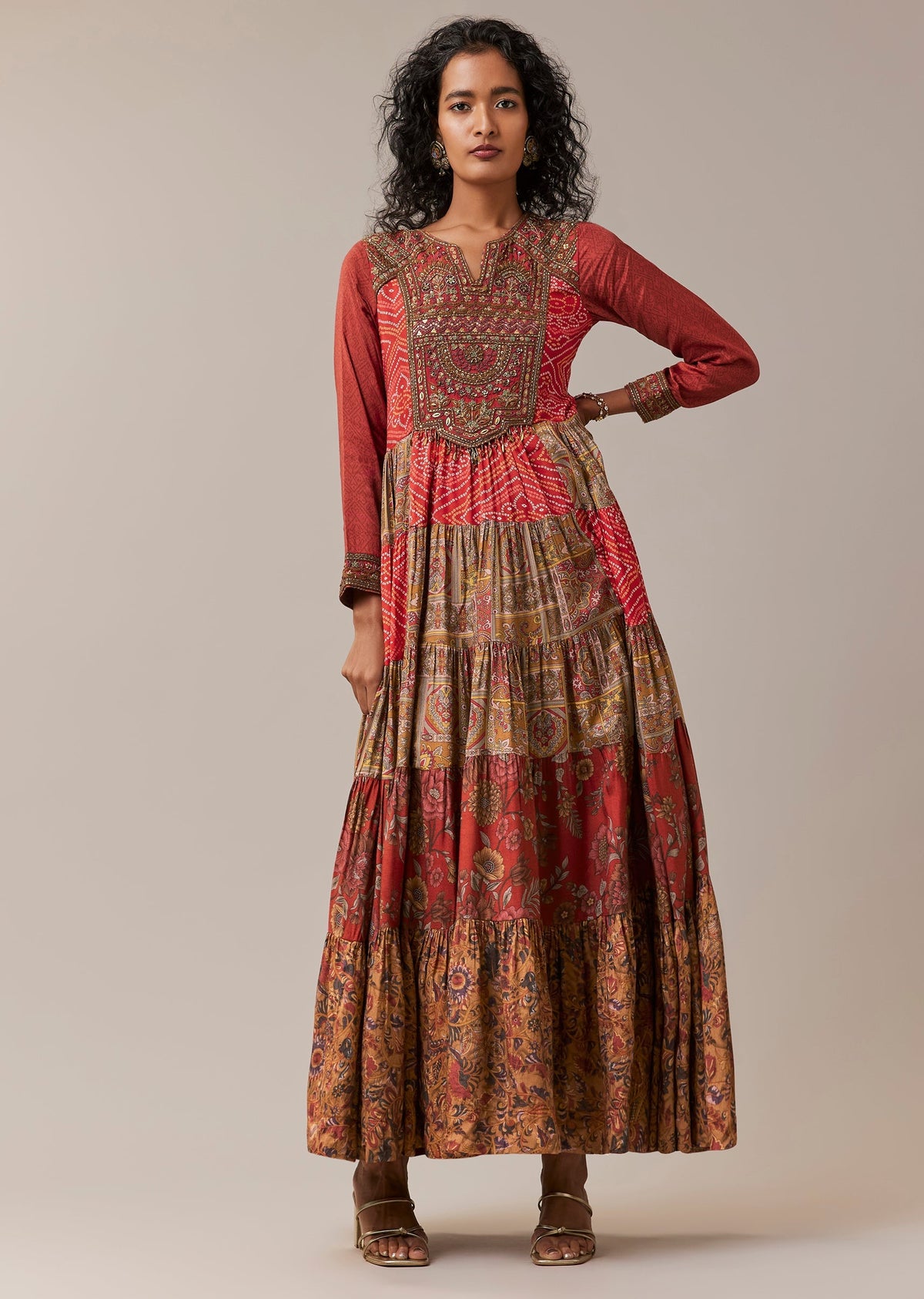 Red Bandhani and Floral Print Silk Long Kurti