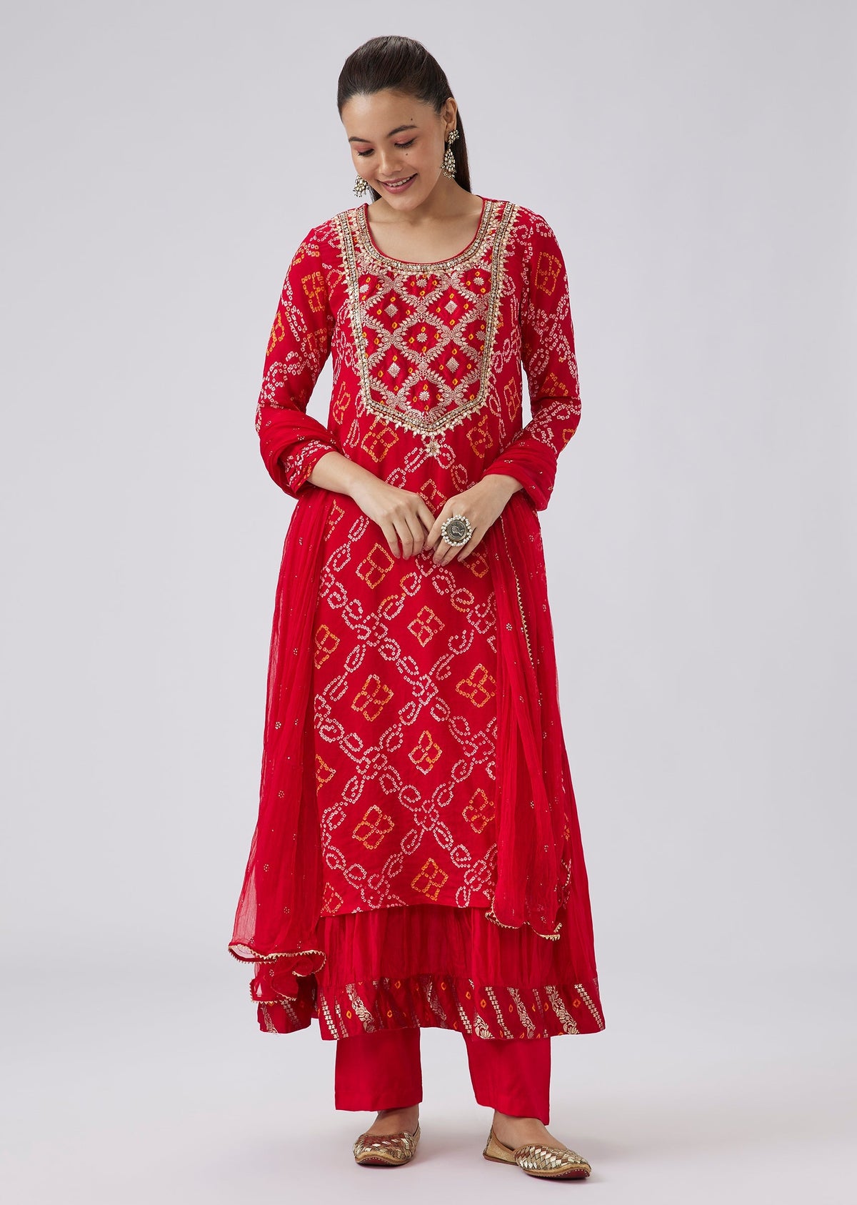 Red Bandhani Georgette Kurta with Pant