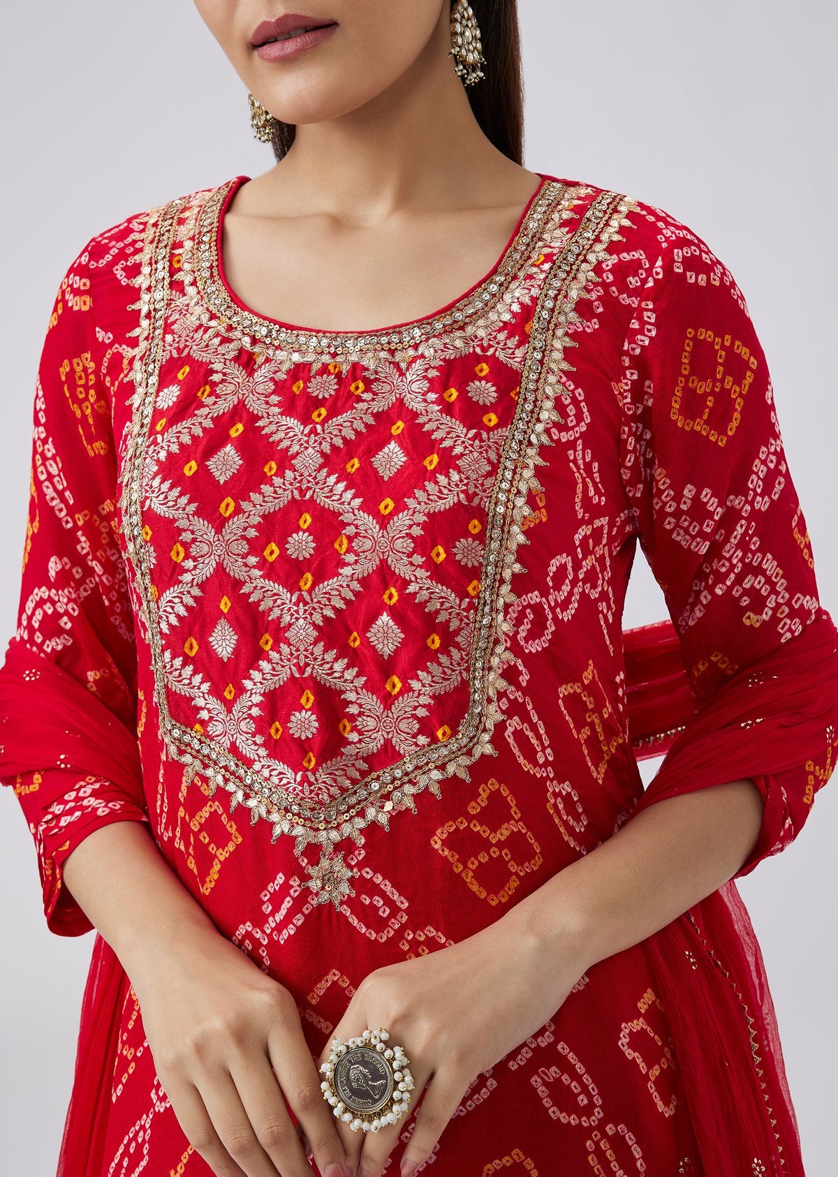 Red Bandhani Georgette Kurta with Pant