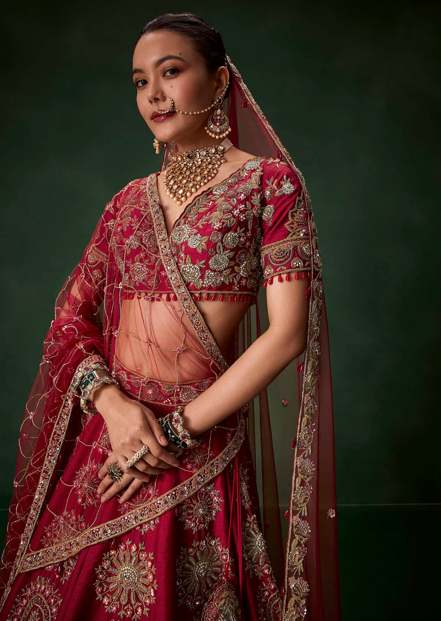 Red Bridal Silk Lehenga Set with Dupattas