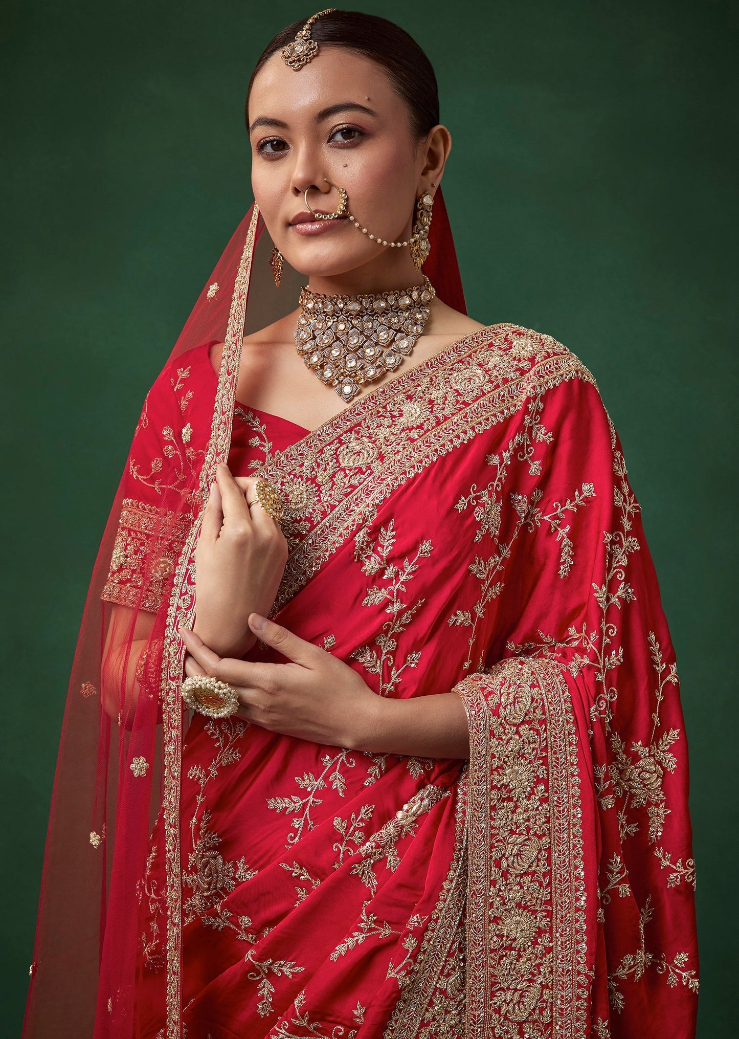 Red Bridal Soft Silk Embroidered Saree with Unstitched Blouse