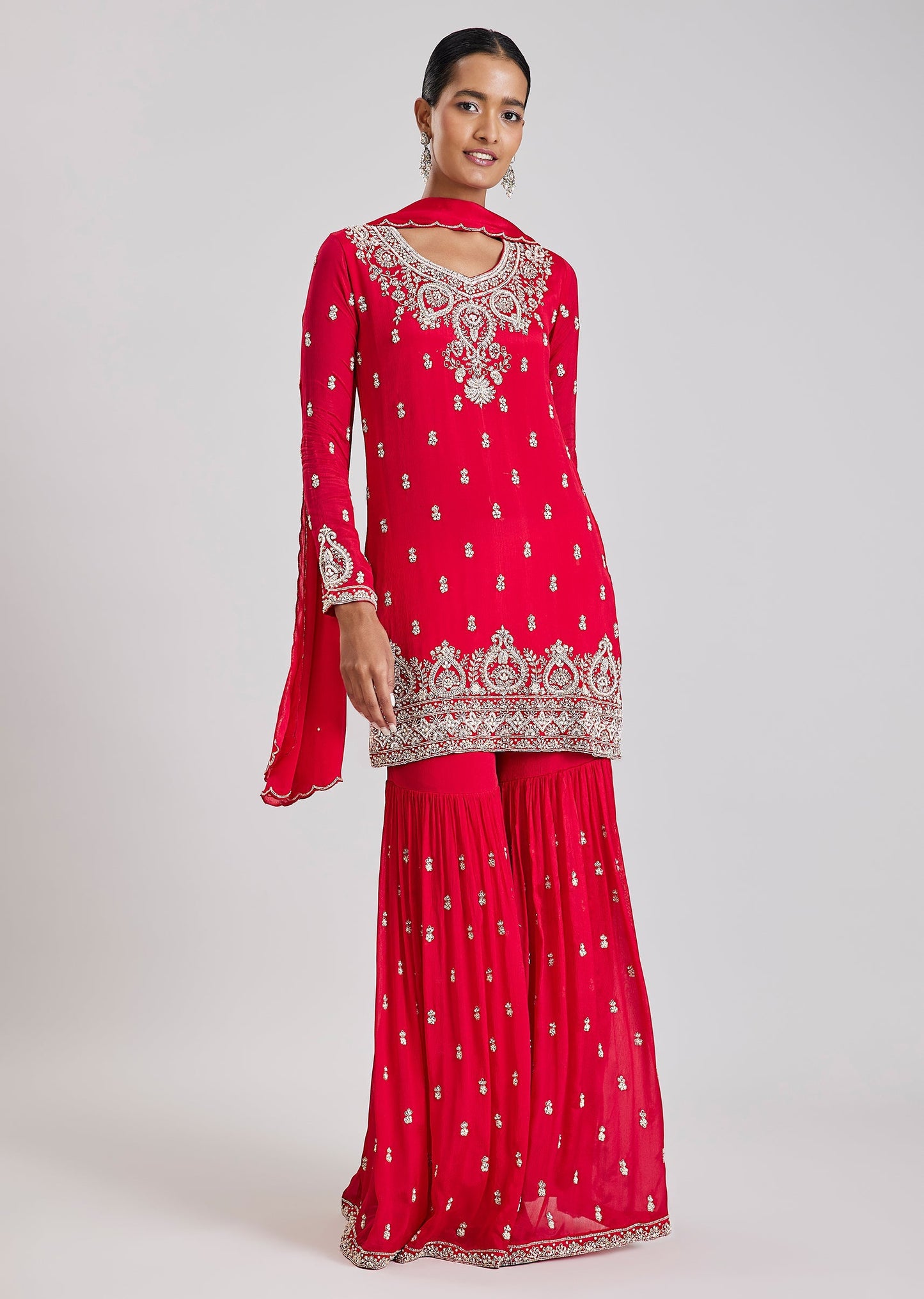 Red Embroidered Sharara Set