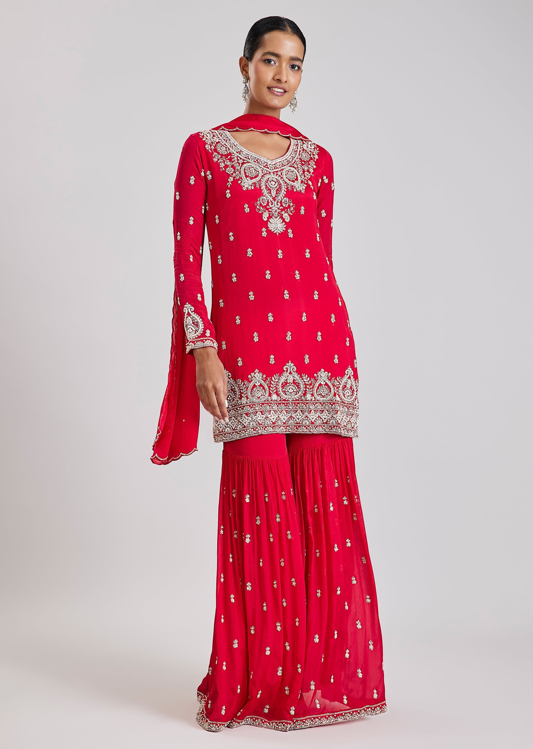 Red Embroidered Sharara Set