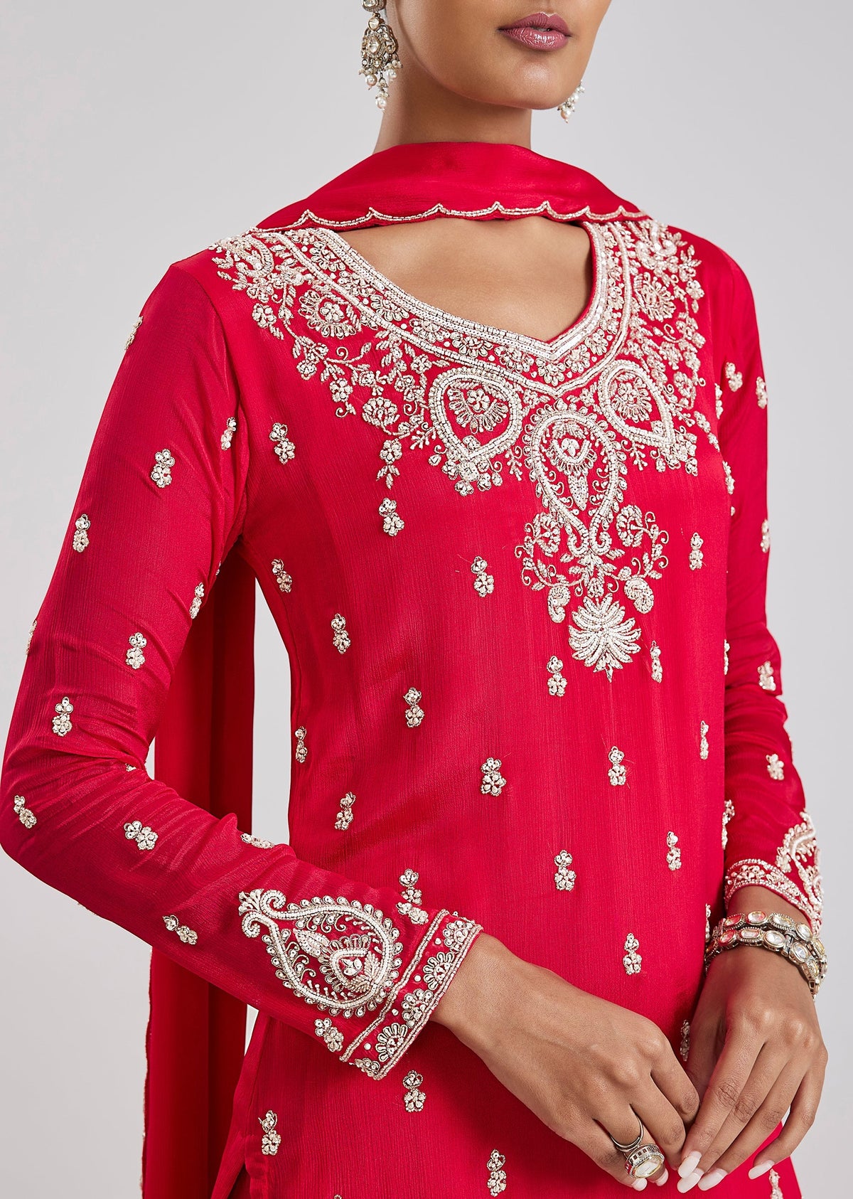 Red Embroidered Sharara Set