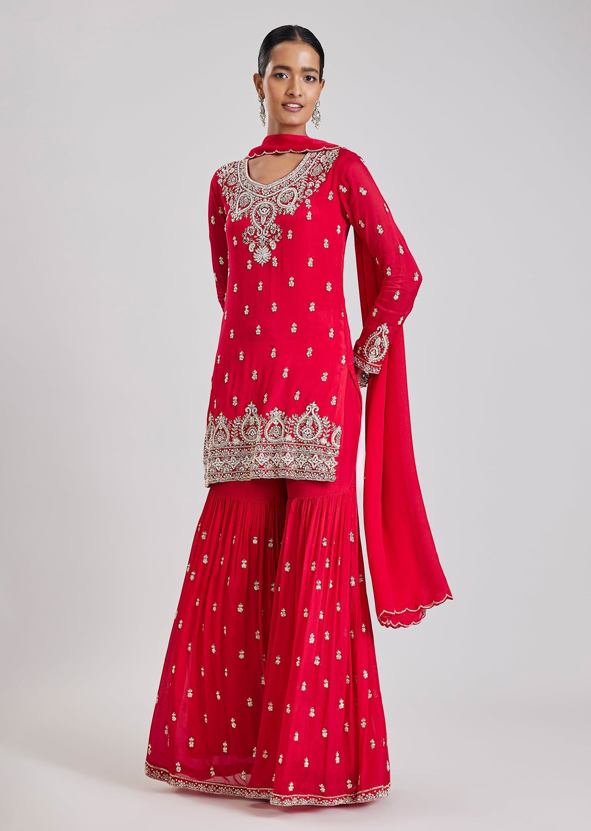 Red Embroidered Sharara Set