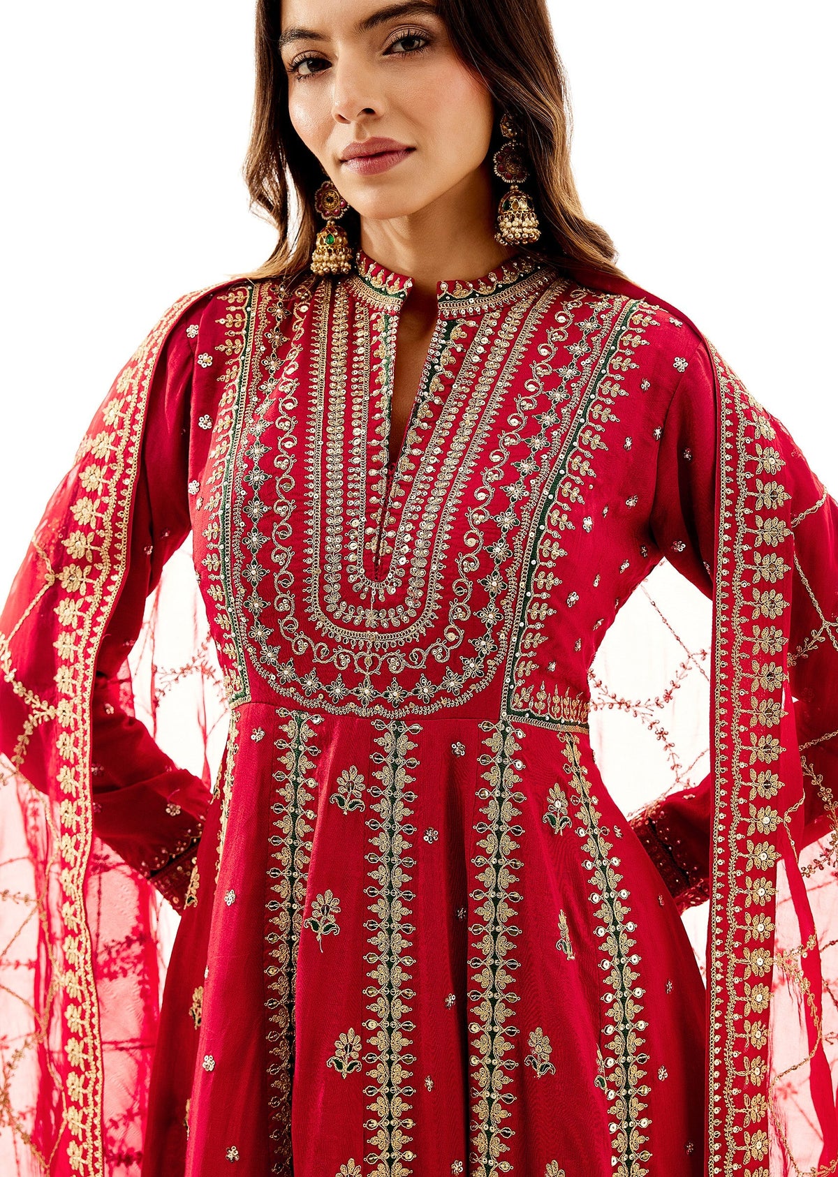 Red Floor Length Anarkali With Zari Embroidery