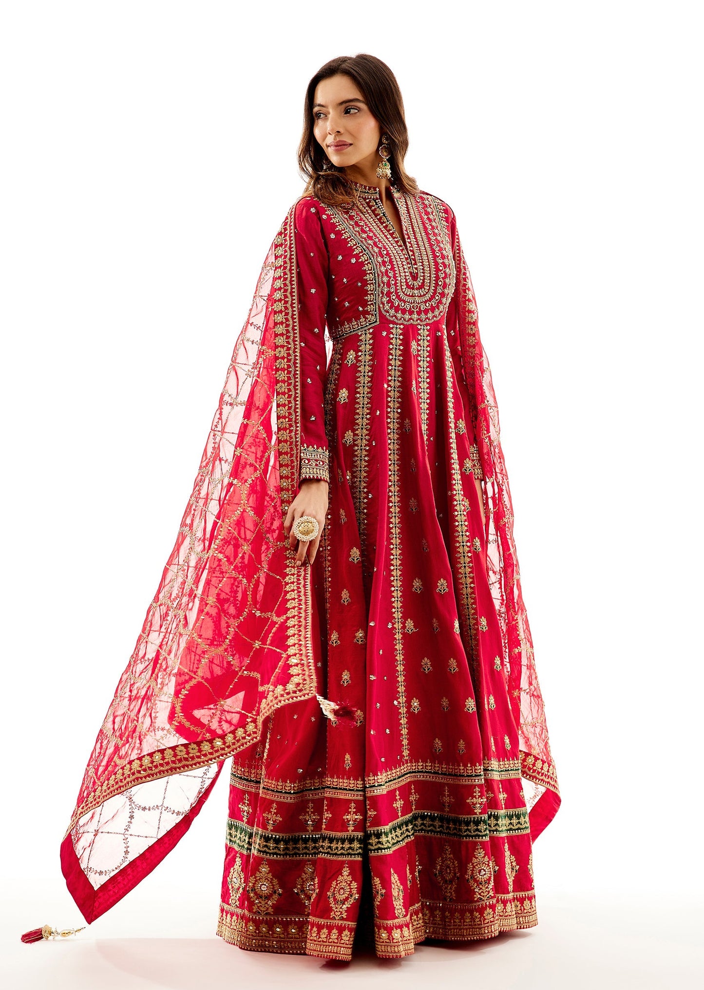 Red Floor Length Anarkali With Zari Embroidery