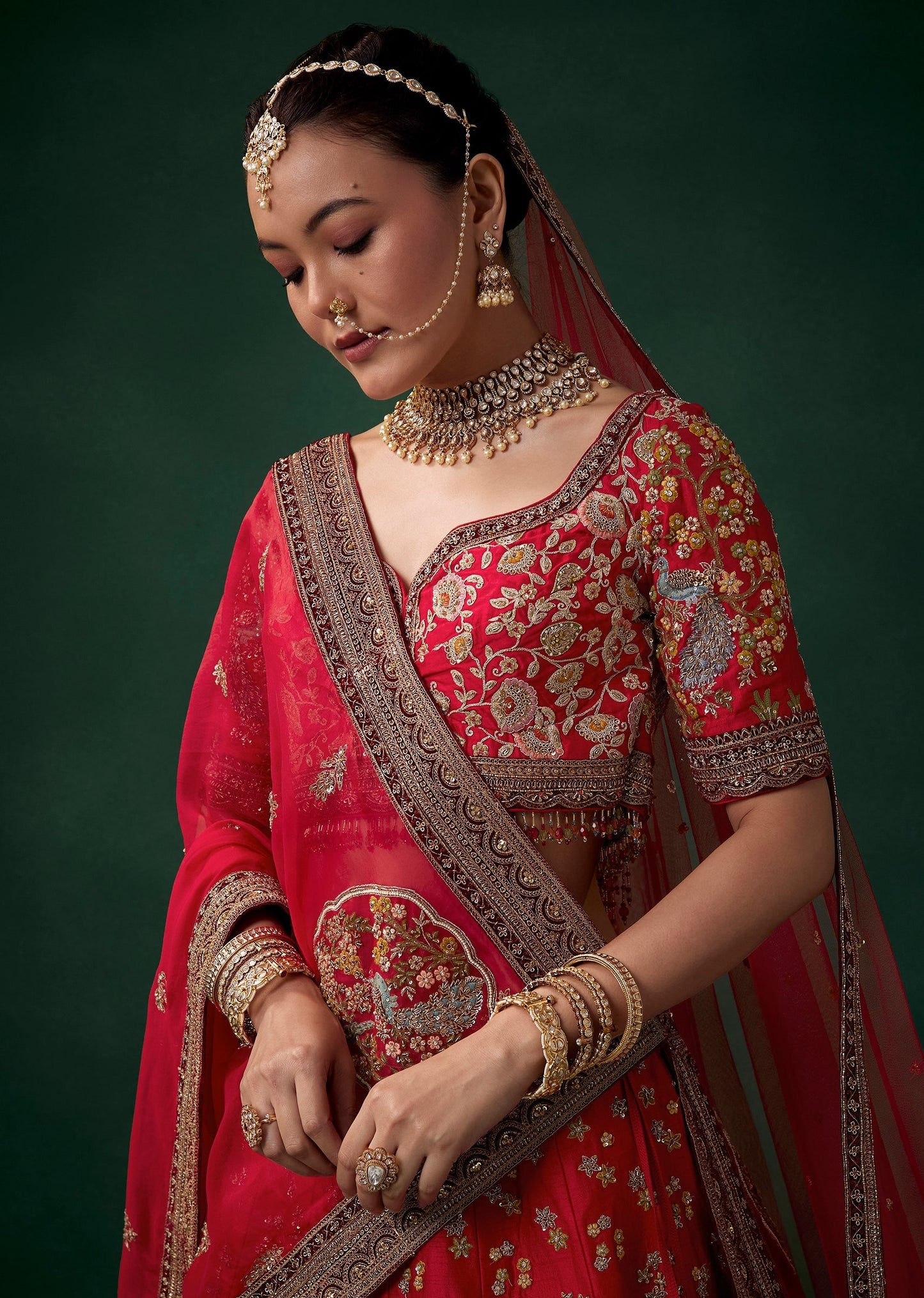 Red Floral Motif Embroidered Bridal Lehenga Sets
