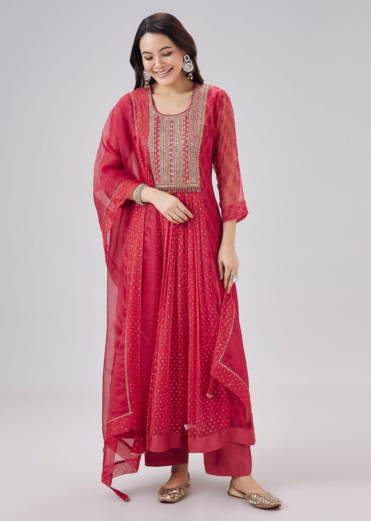 Red Hand Block Printed Chiffon Anarkali Set With Dupatta