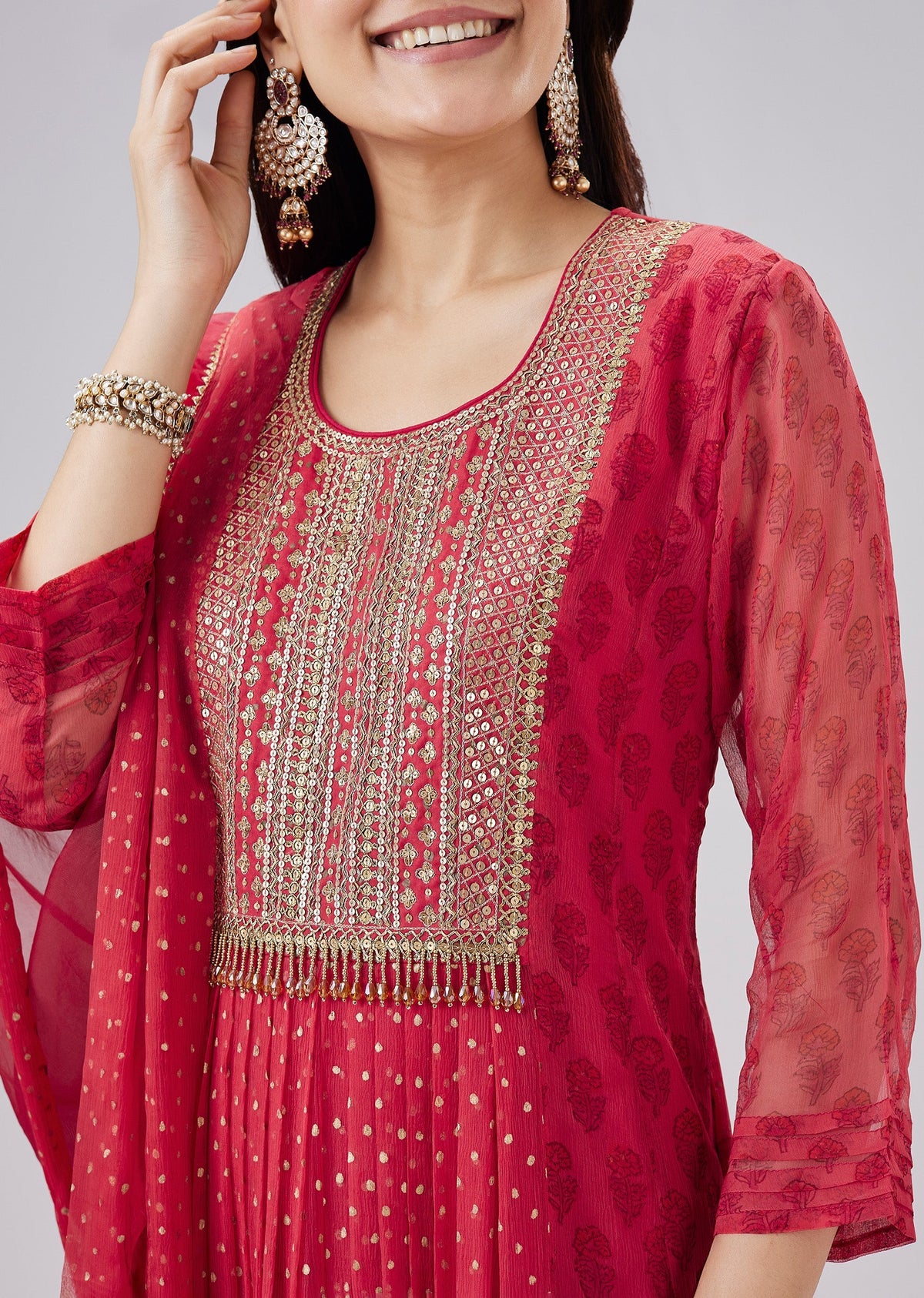 Red Hand Block Printed Chiffon Anarkali Set With Dupatta