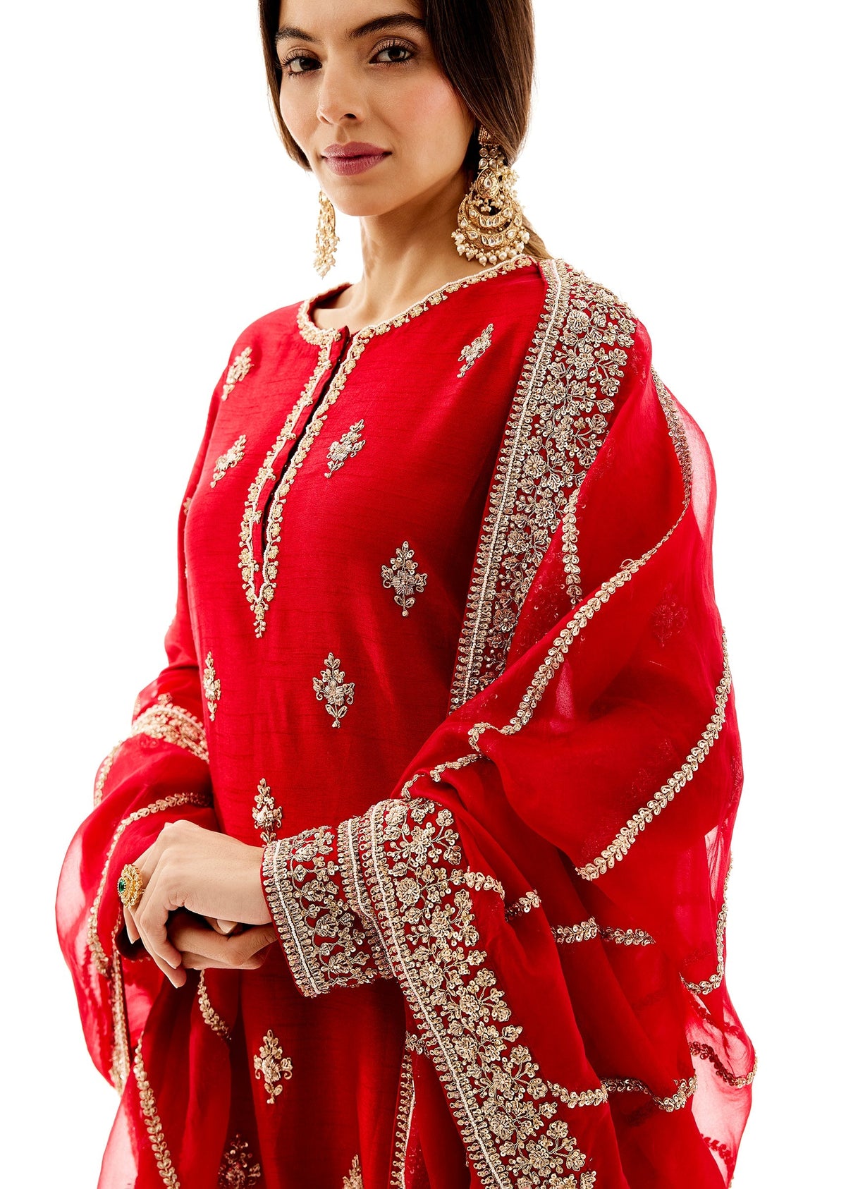Red Raw Silk Kurta Dupatta Set With Zardosi And Moti Work