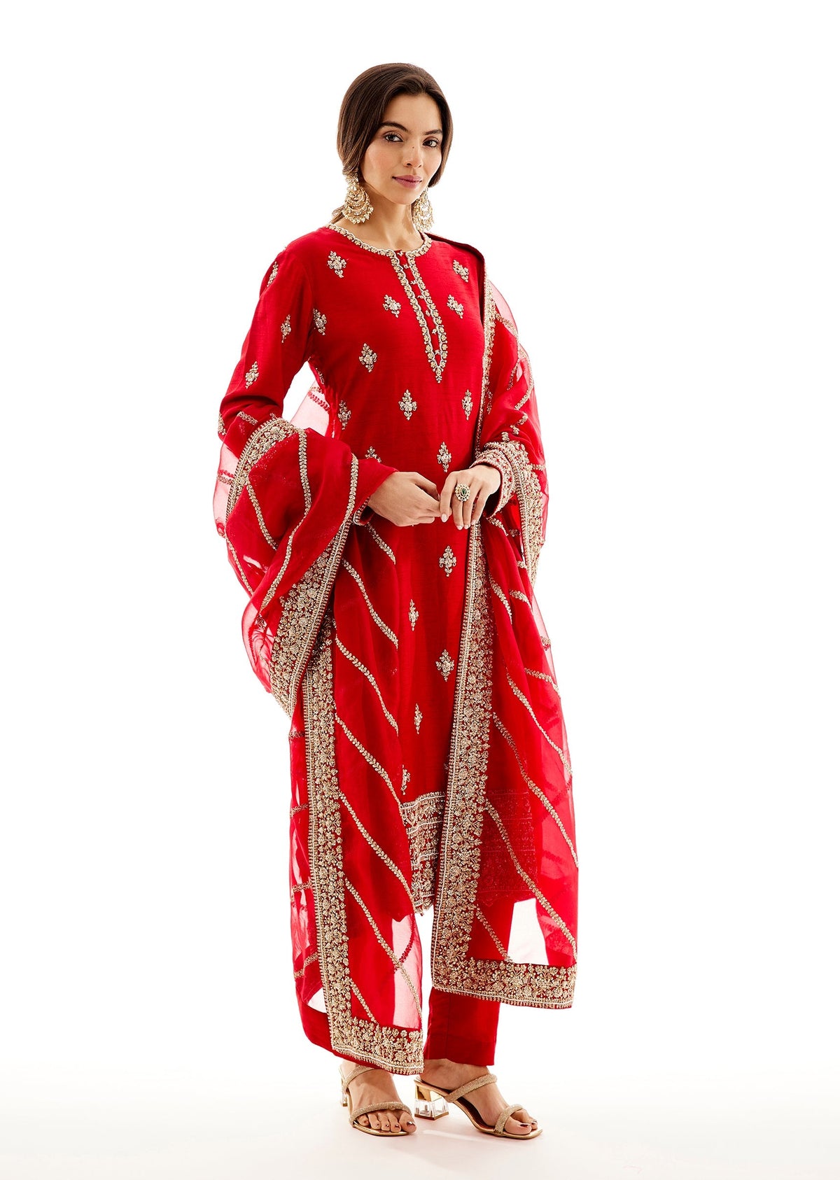 Red Raw Silk Kurta Dupatta Set With Zardosi And Moti Work
