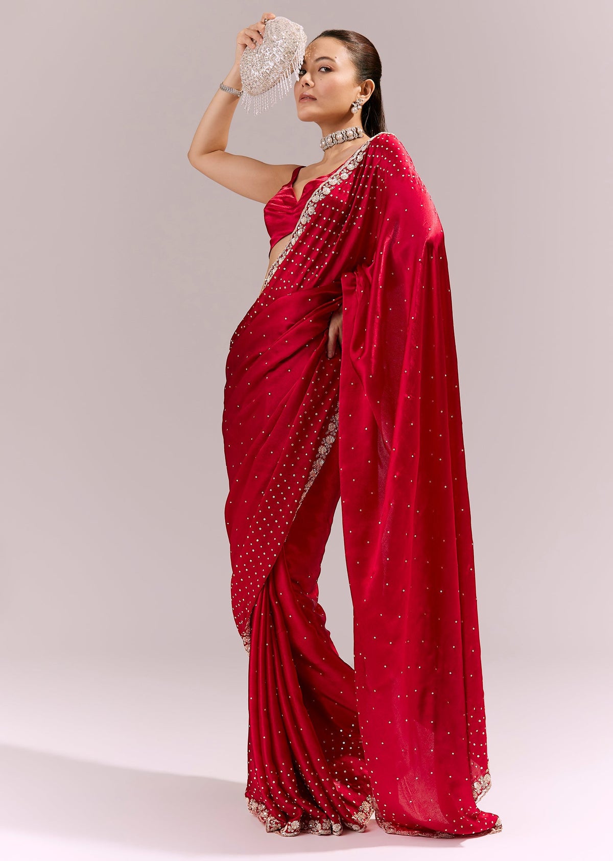 Red Satin Chinon Saree With All Over Sequin Embellishment