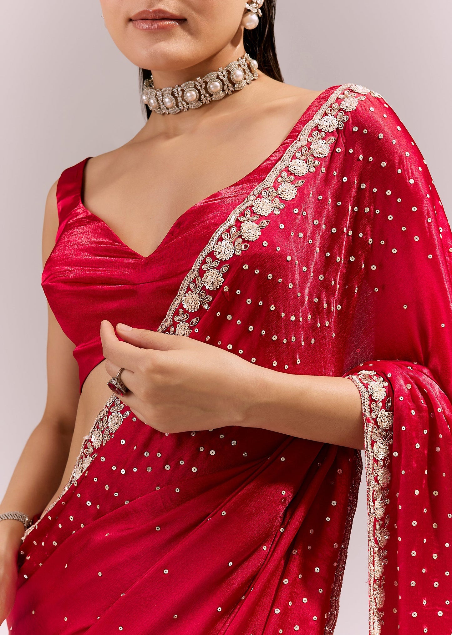 Red Satin Chinon Saree With All Over Sequin Embellishment