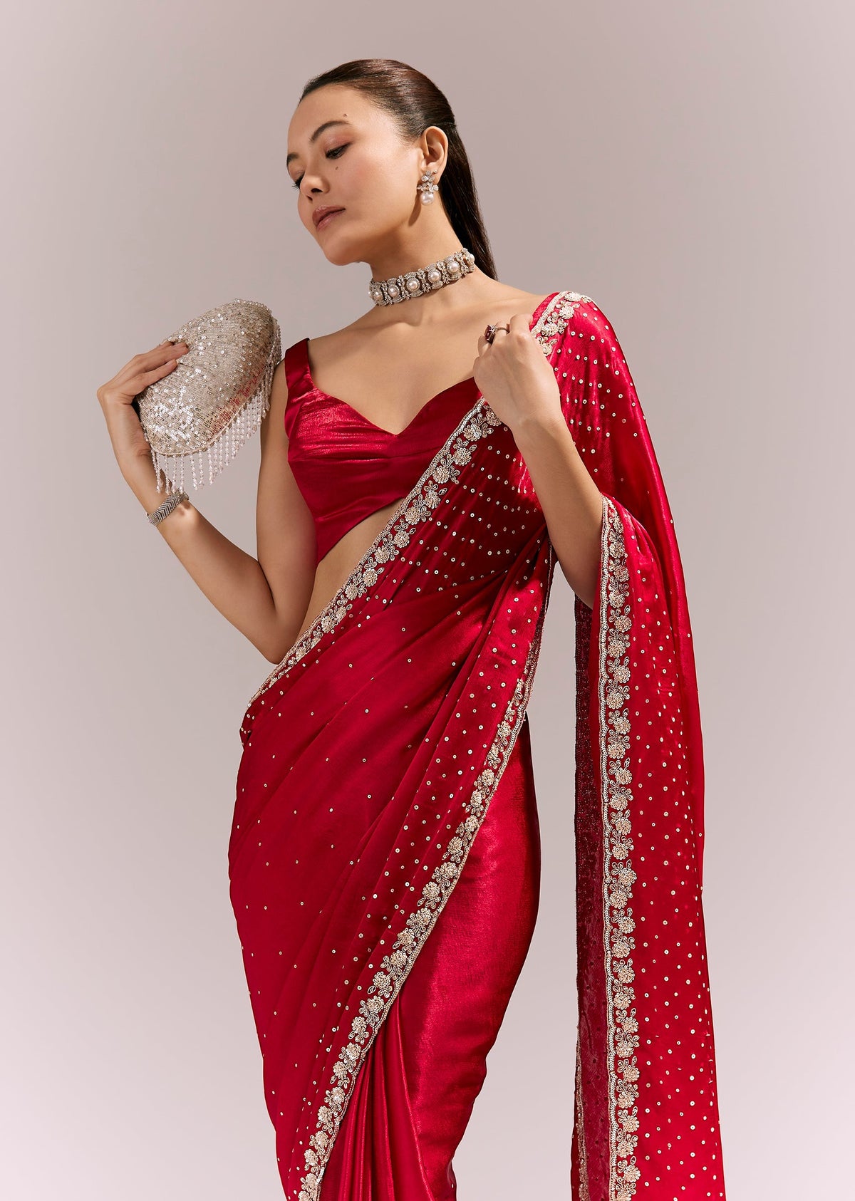 Red Satin Chinon Saree With All Over Sequin Embellishment