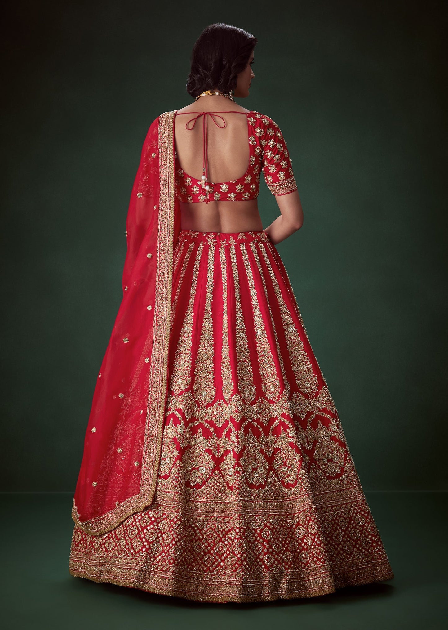 Red Silk Bridal Lehenga Set with Zari and Beads