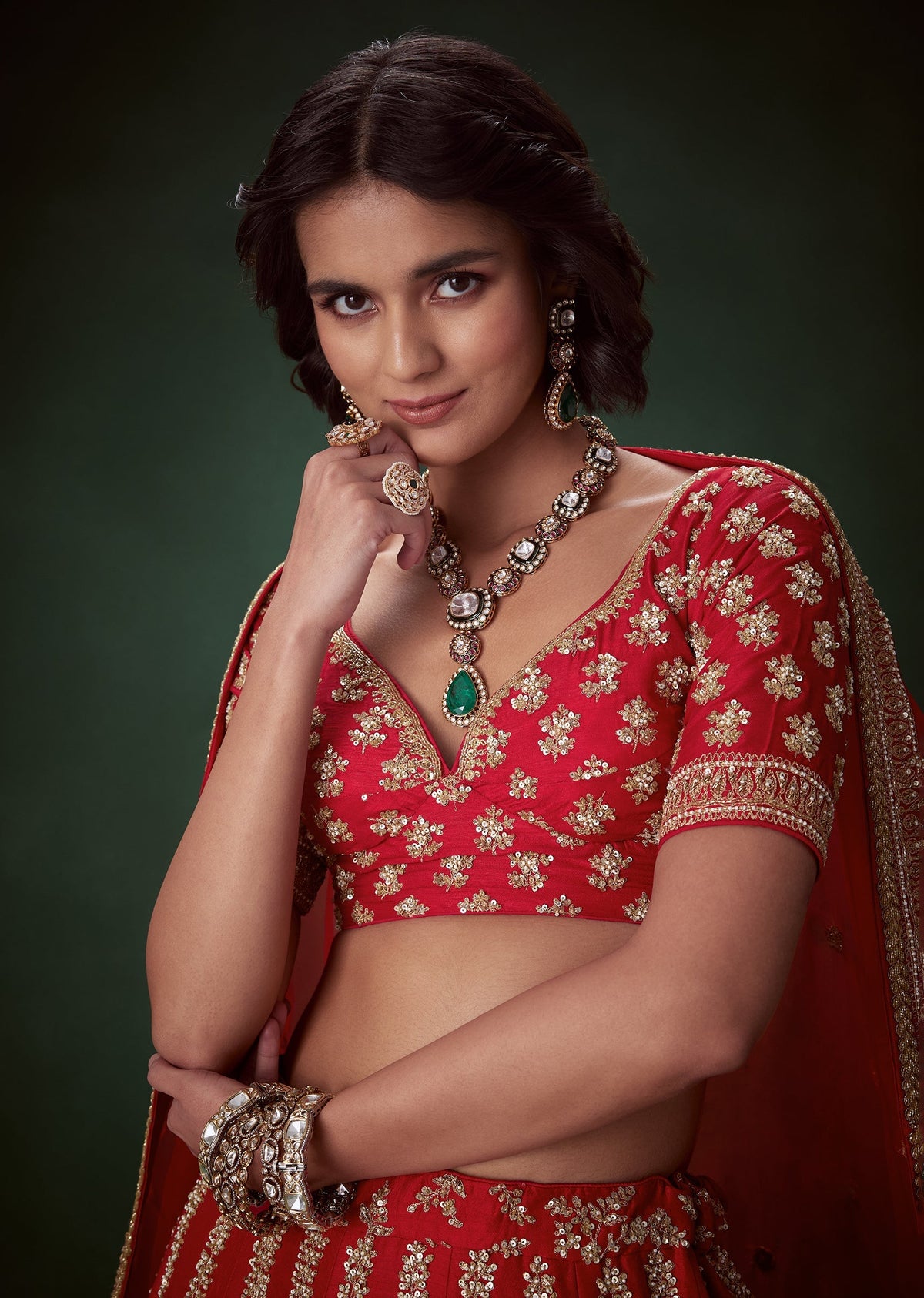 Red Silk Bridal Lehenga Set with Zari and Beads