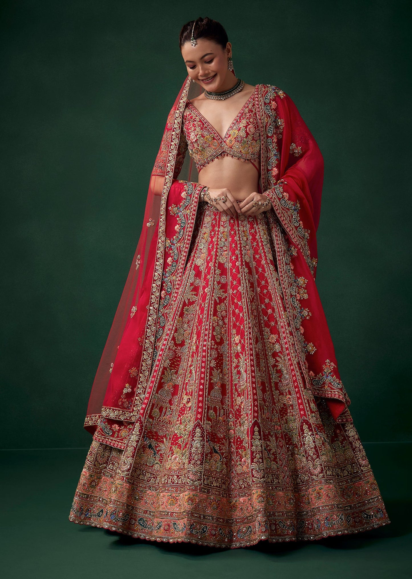 Red Silk Bridal Lehenga Set wit Zari Work