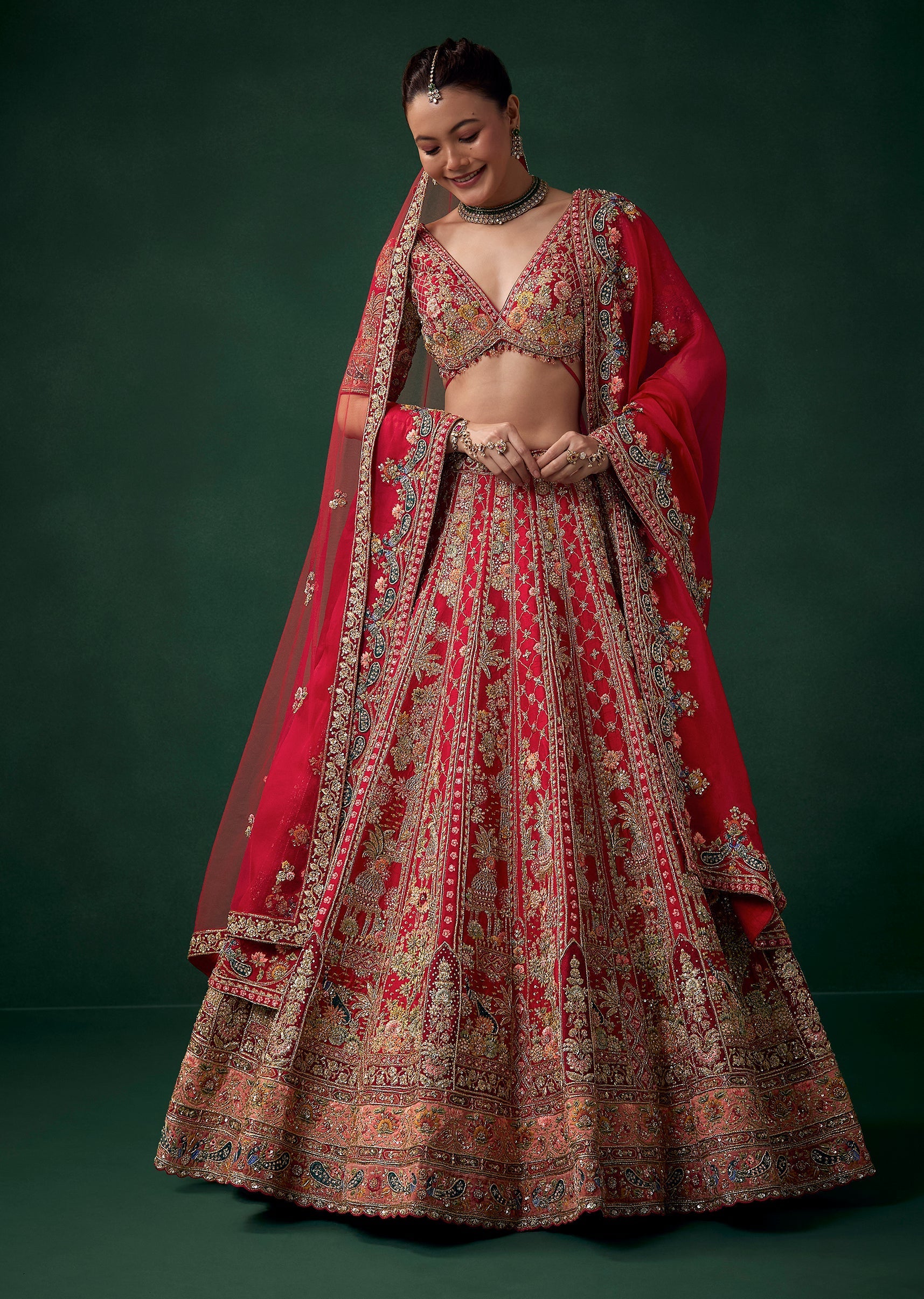 Red Silk Bridal Lehenga Set wit Zari Work