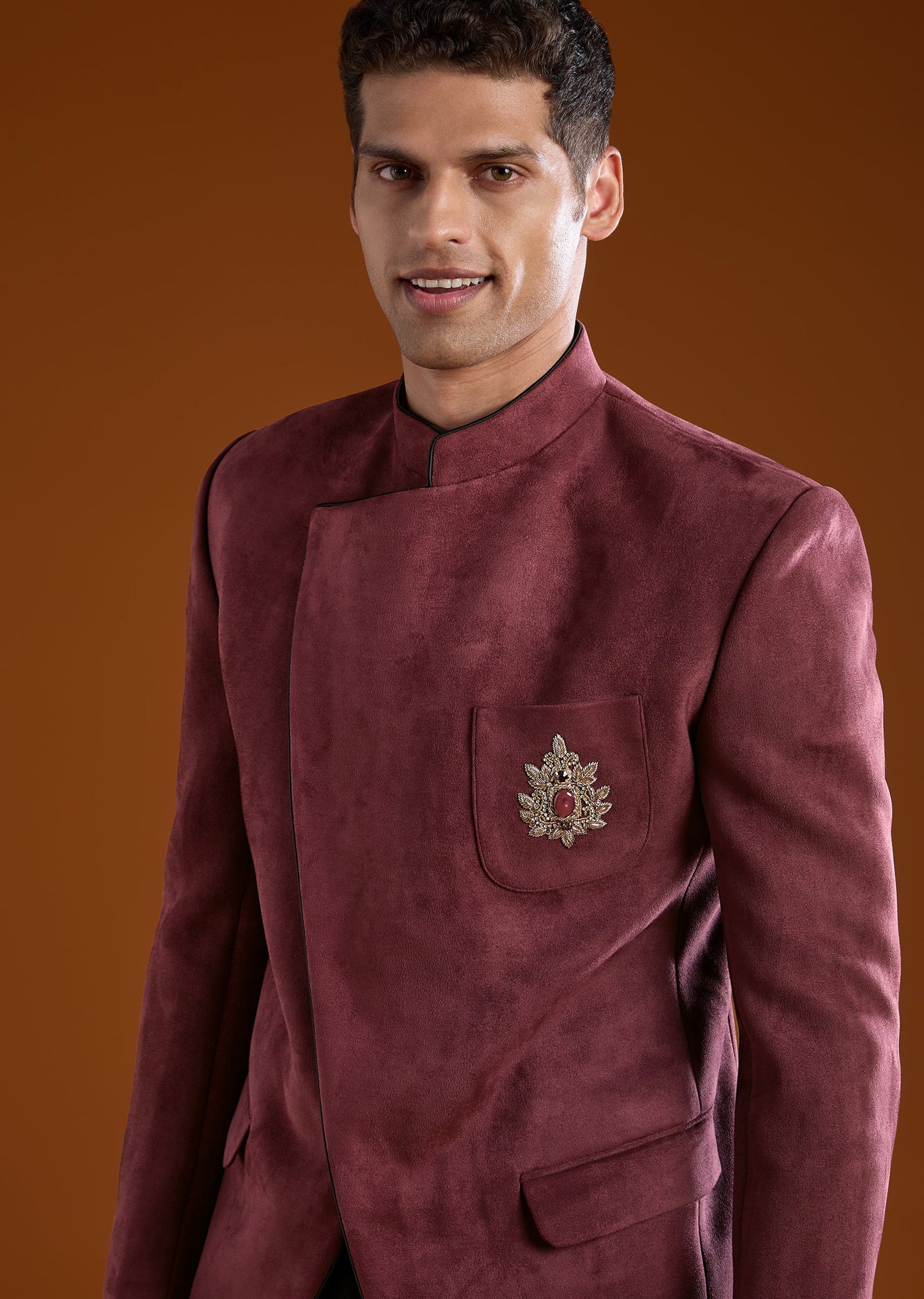 Red Zardozi Work Velvet Jodhpuri and Pant Set