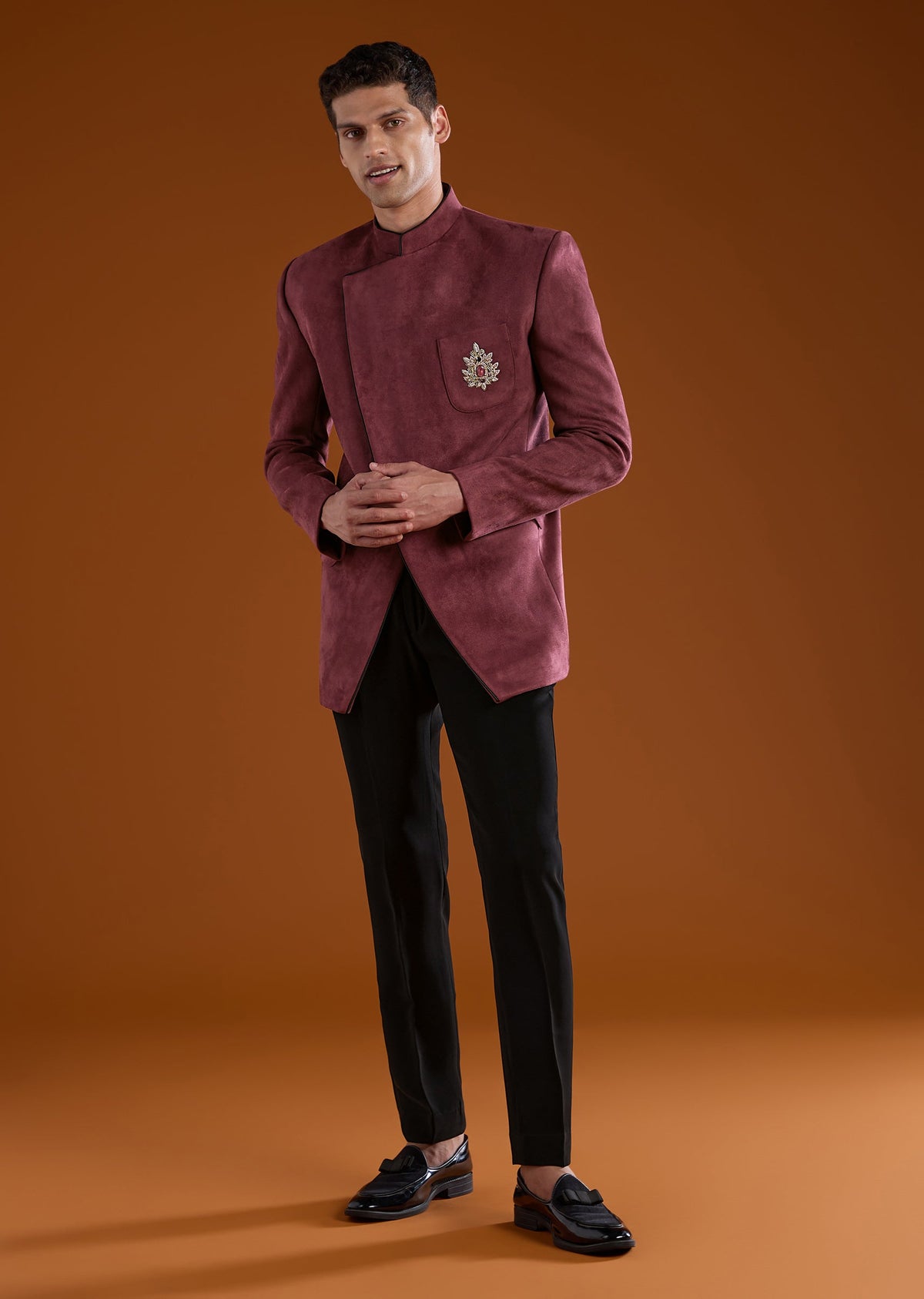 Red Zardozi Work Velvet Jodhpuri and Pant Set