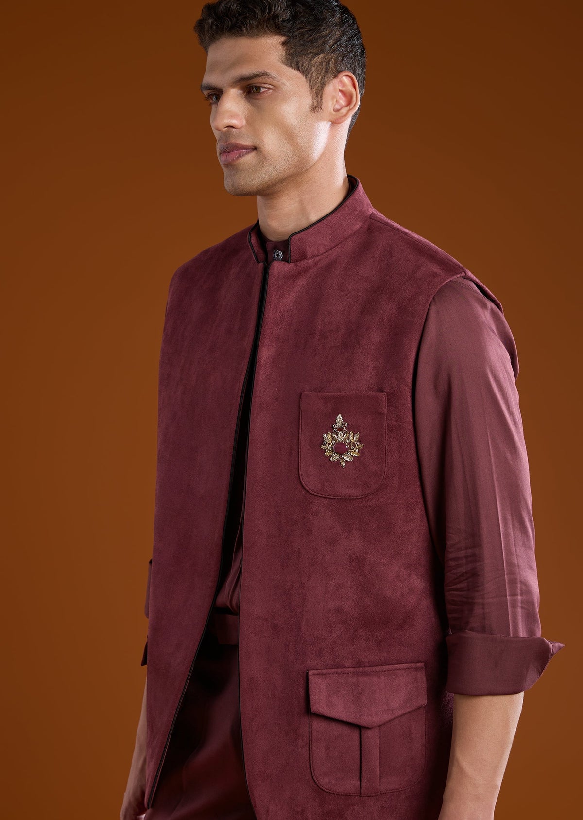 Red Zardozi Work Velvet Tuxedo and Pant Set