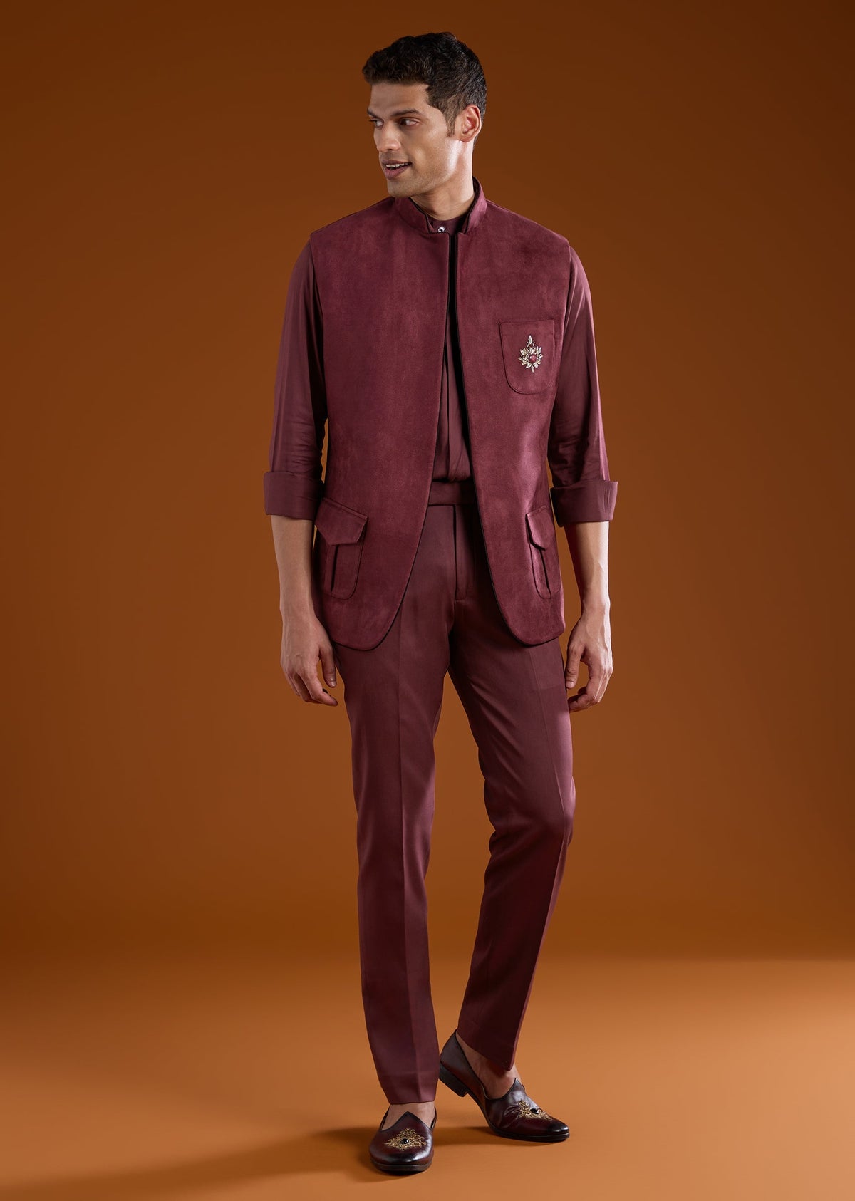 Red Zardozi Work Velvet Tuxedo and Pant Set