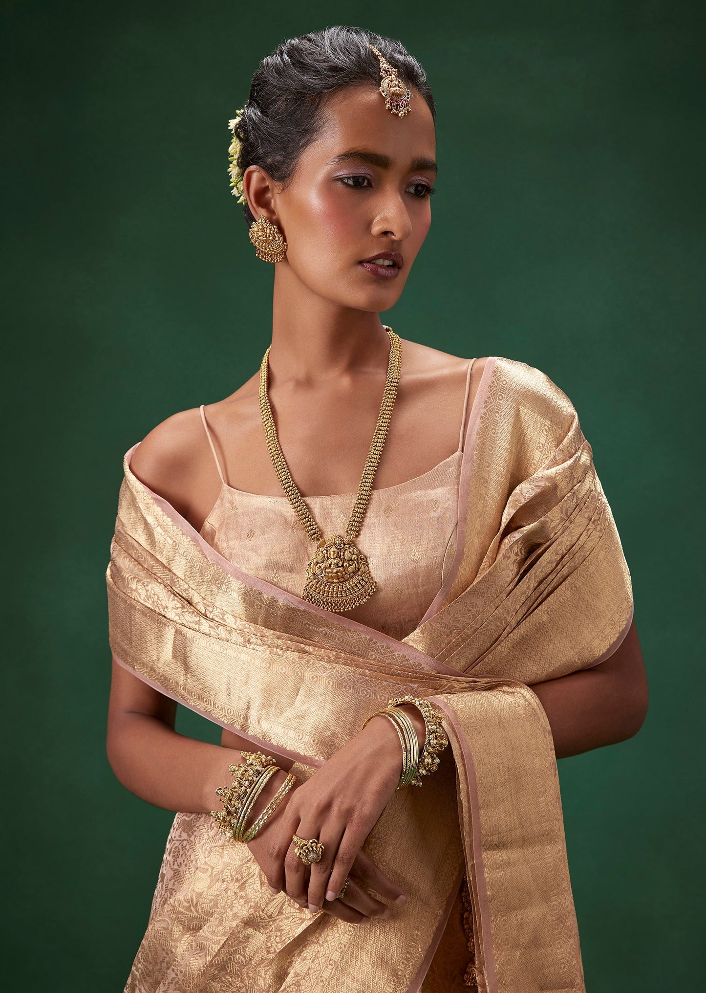 Rose Gold Banarasi Silk Weave Saree with Unstitched Blouse
