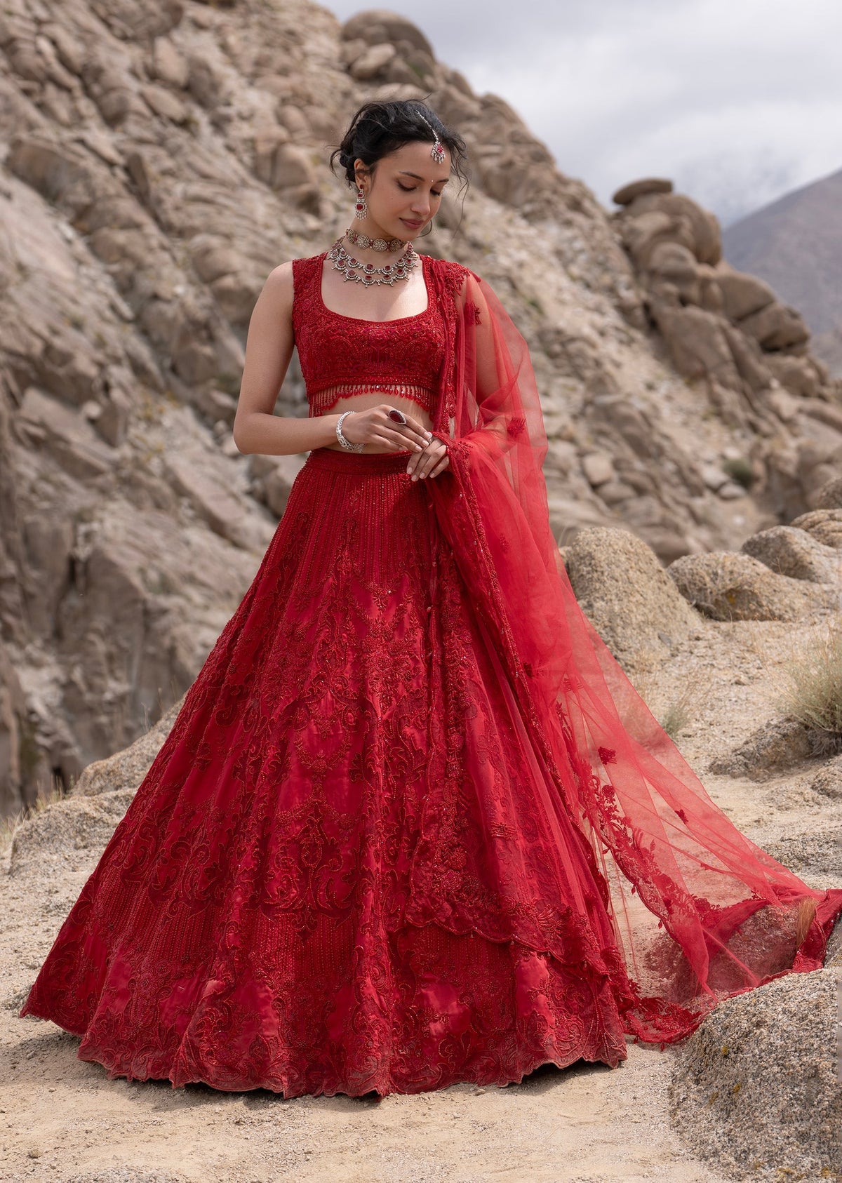 Ruby Red Satin Bridal Lehenga With Lace Panelled Embroidery