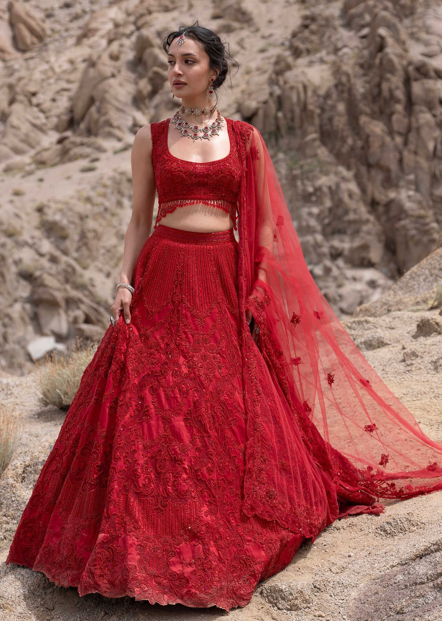 Ruby Red Satin Bridal Lehenga With Lace Panelled Embroidery