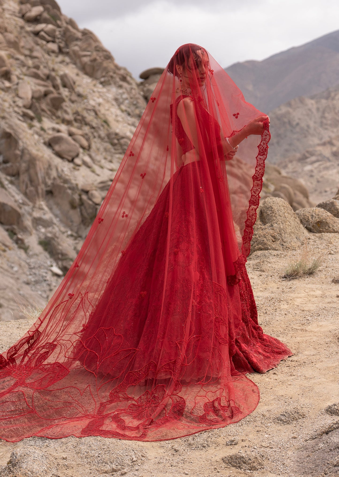 Ruby Red Satin Bridal Lehenga With Lace Panelled Embroidery
