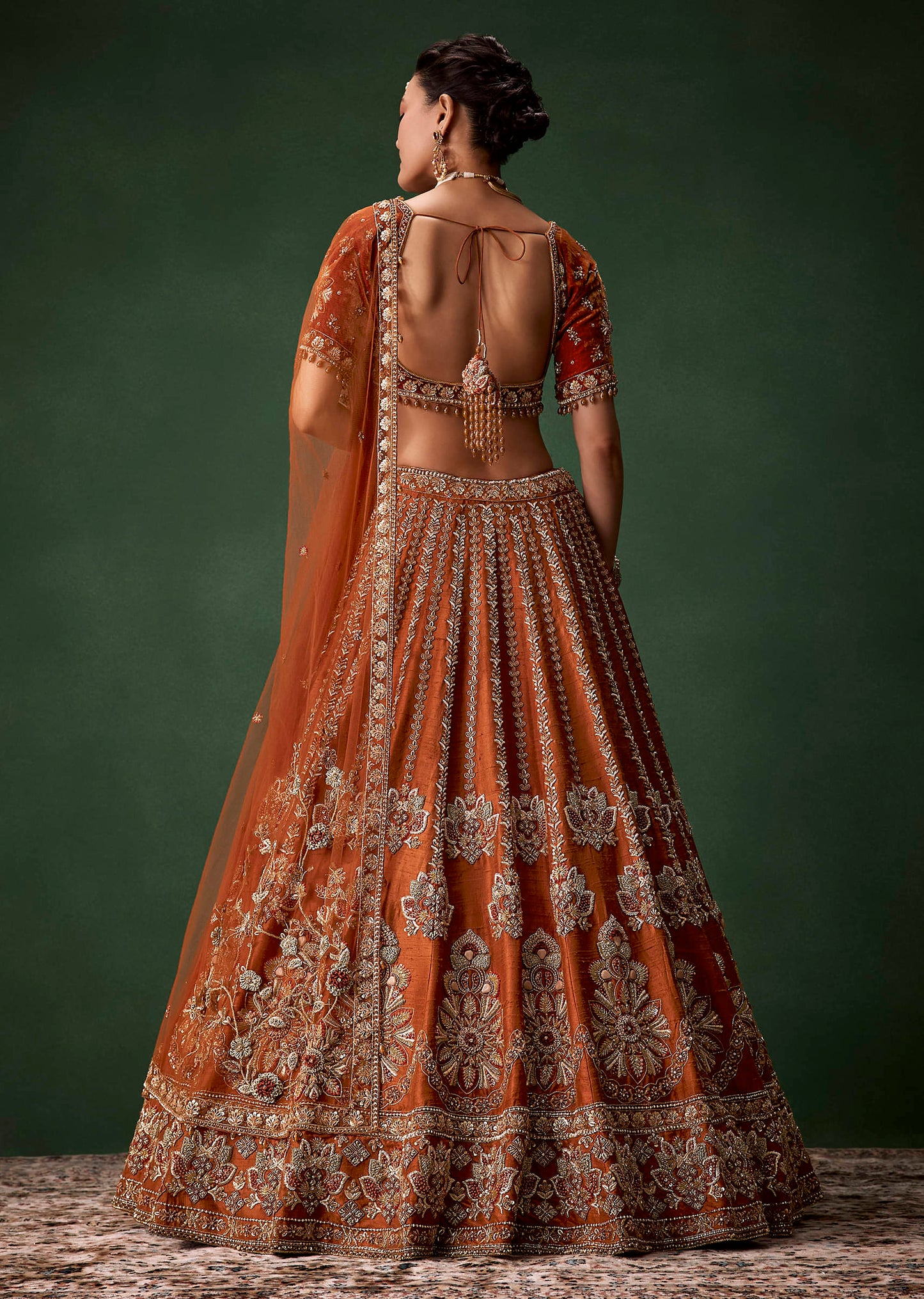 Rust Bridal Raw Silk Embellished Lehenga Set with Two Dupattas