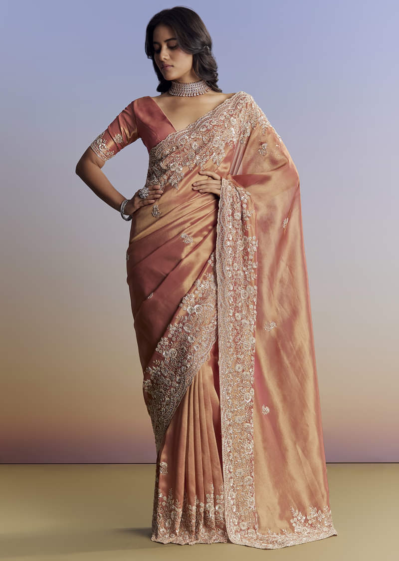 Rust Orange Tissue Saree With Floral Embroidery In Cutdana Sequins And Beads