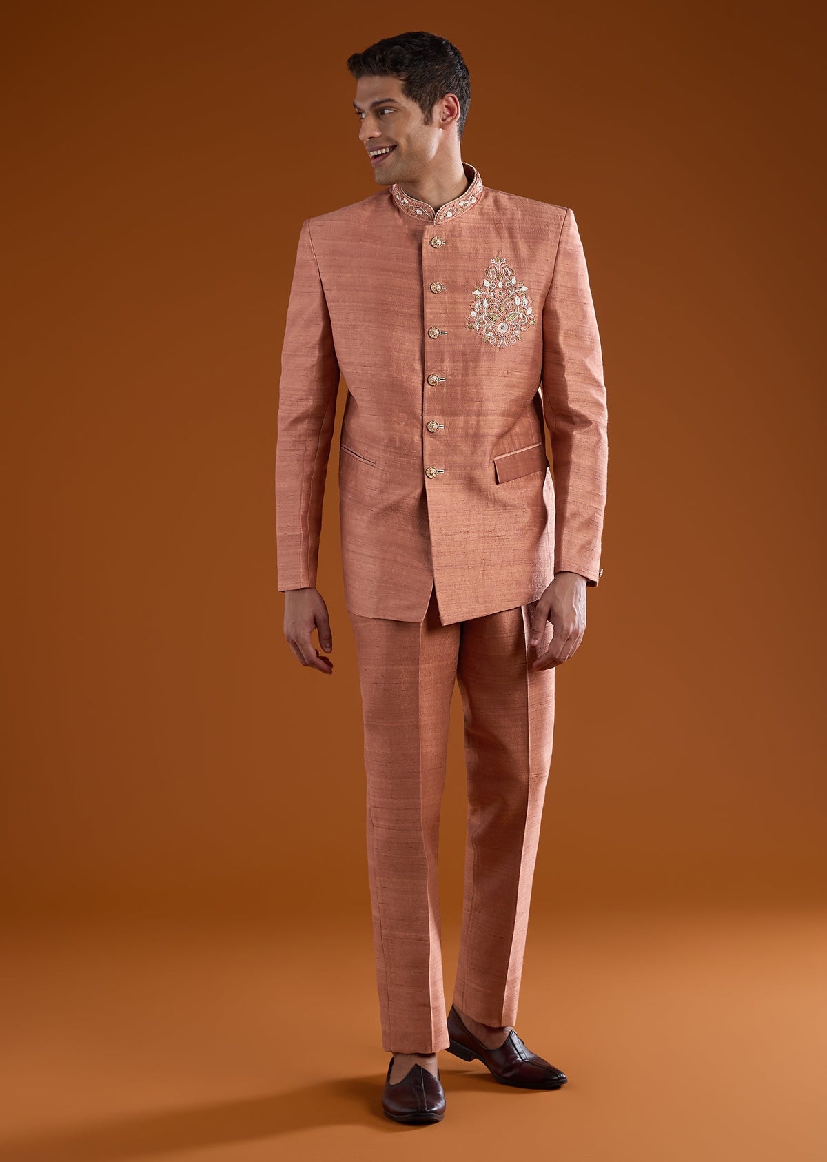 Rust Silk Jodhpuri Pant Set with Resham Work