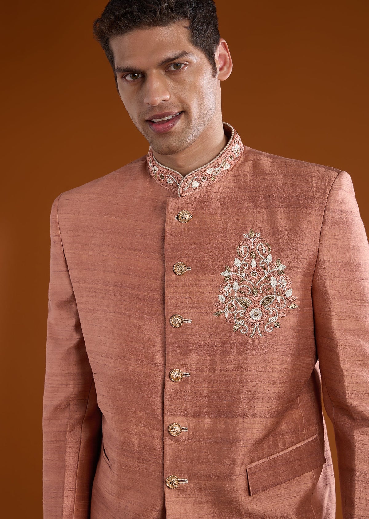 Rust Silk Jodhpuri Pant Set with Resham Work