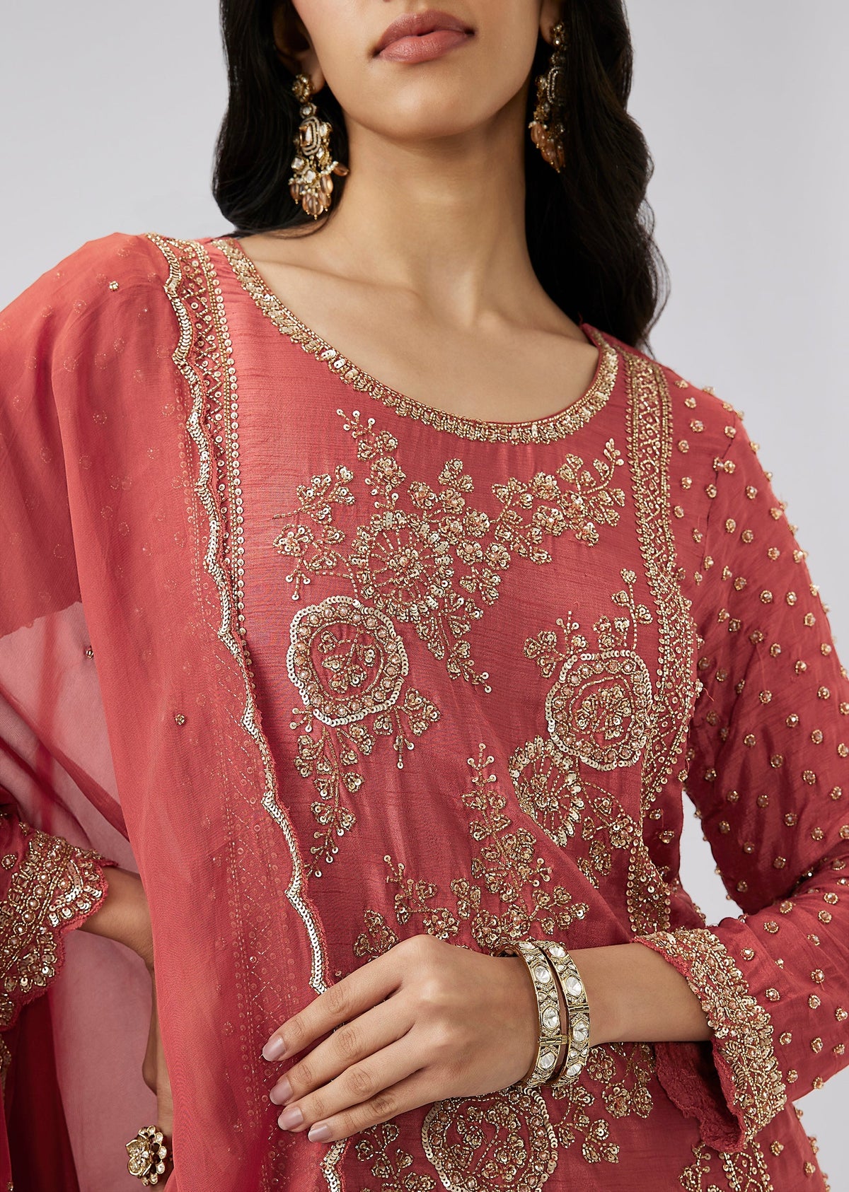Rust Silk Sequinned Sharara Suit Set