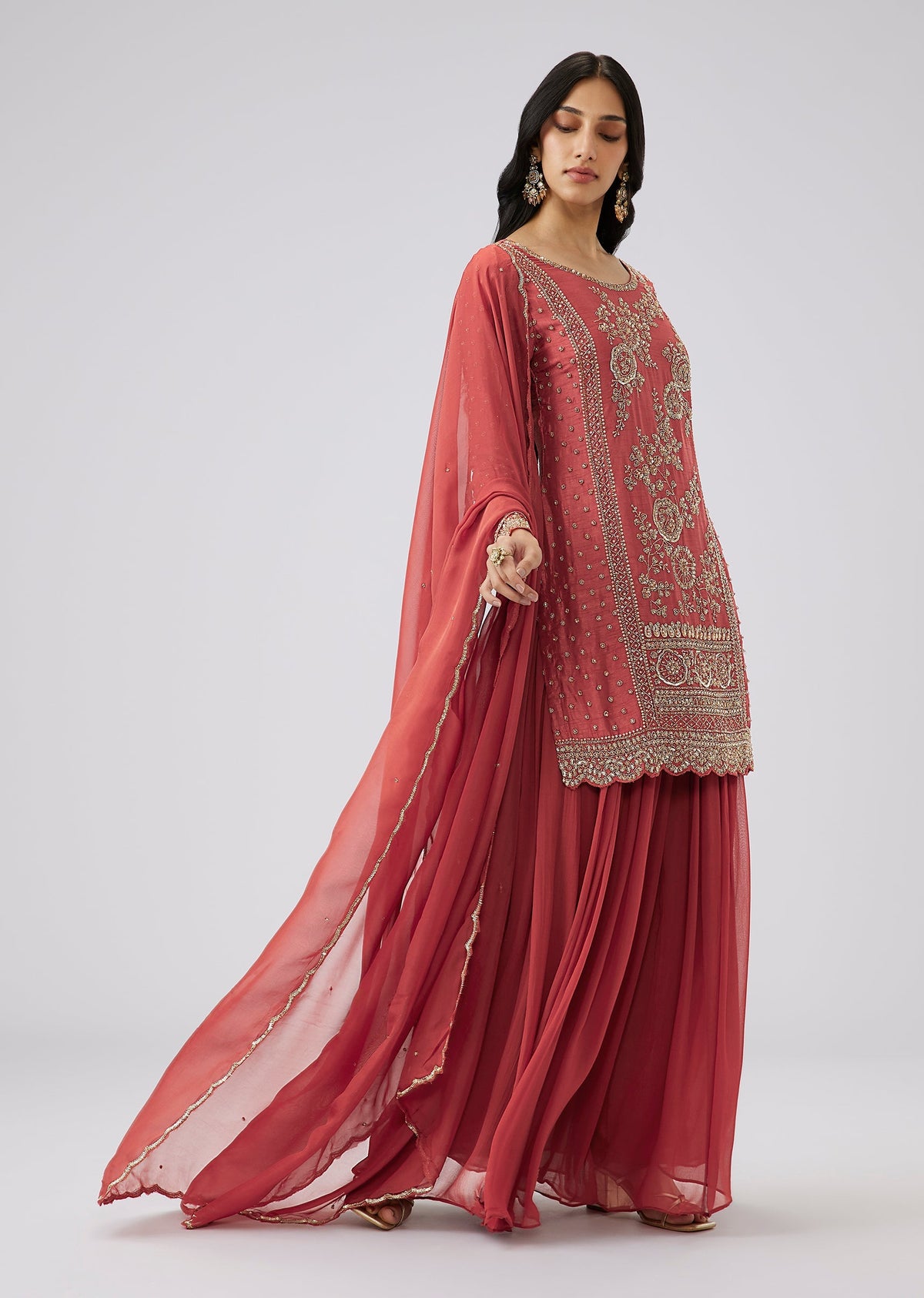 Rust Silk Sequinned Sharara Suit Set