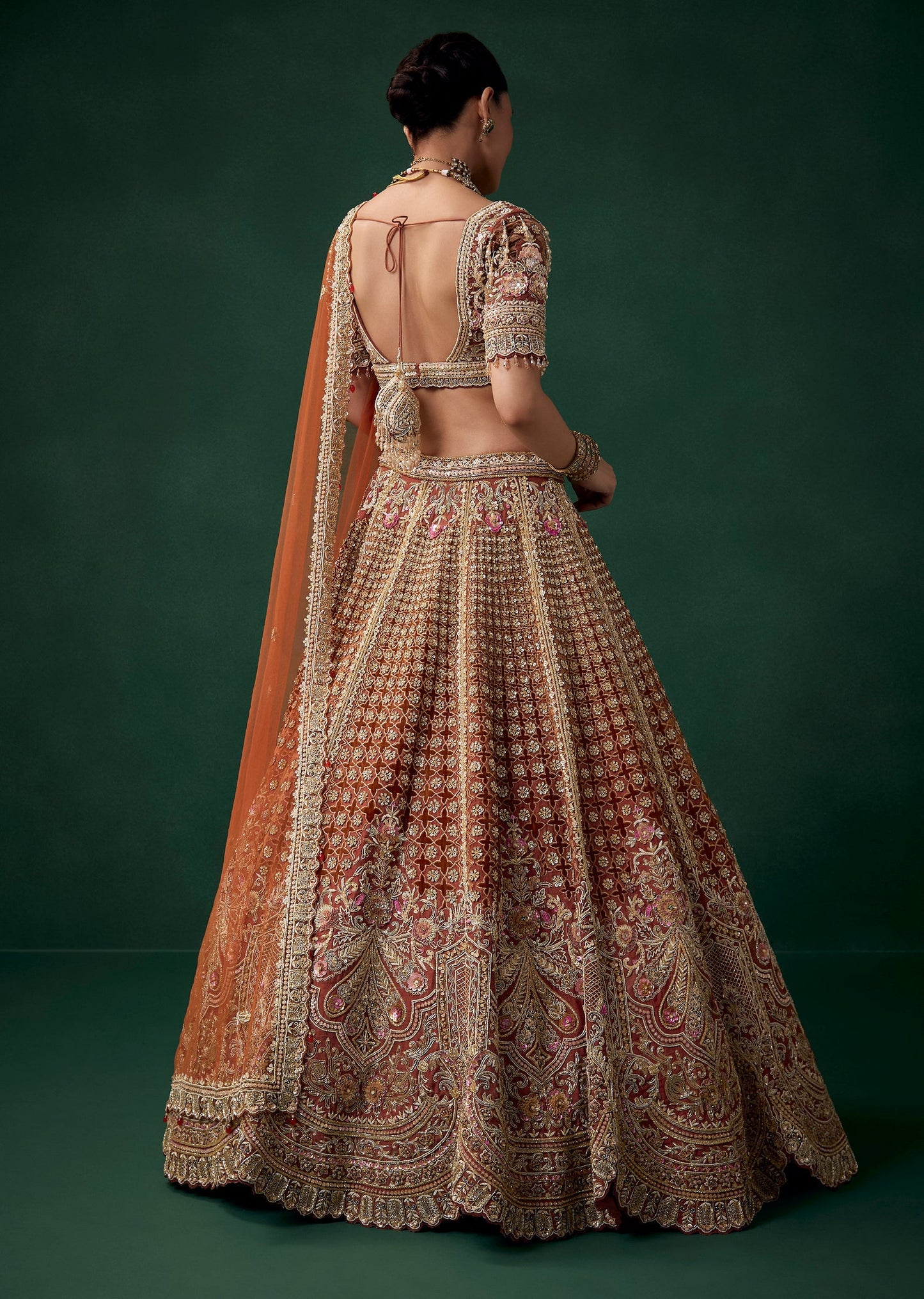 Rust Velvet Patchwork Bridal Lehenga Set with Two Dupattas