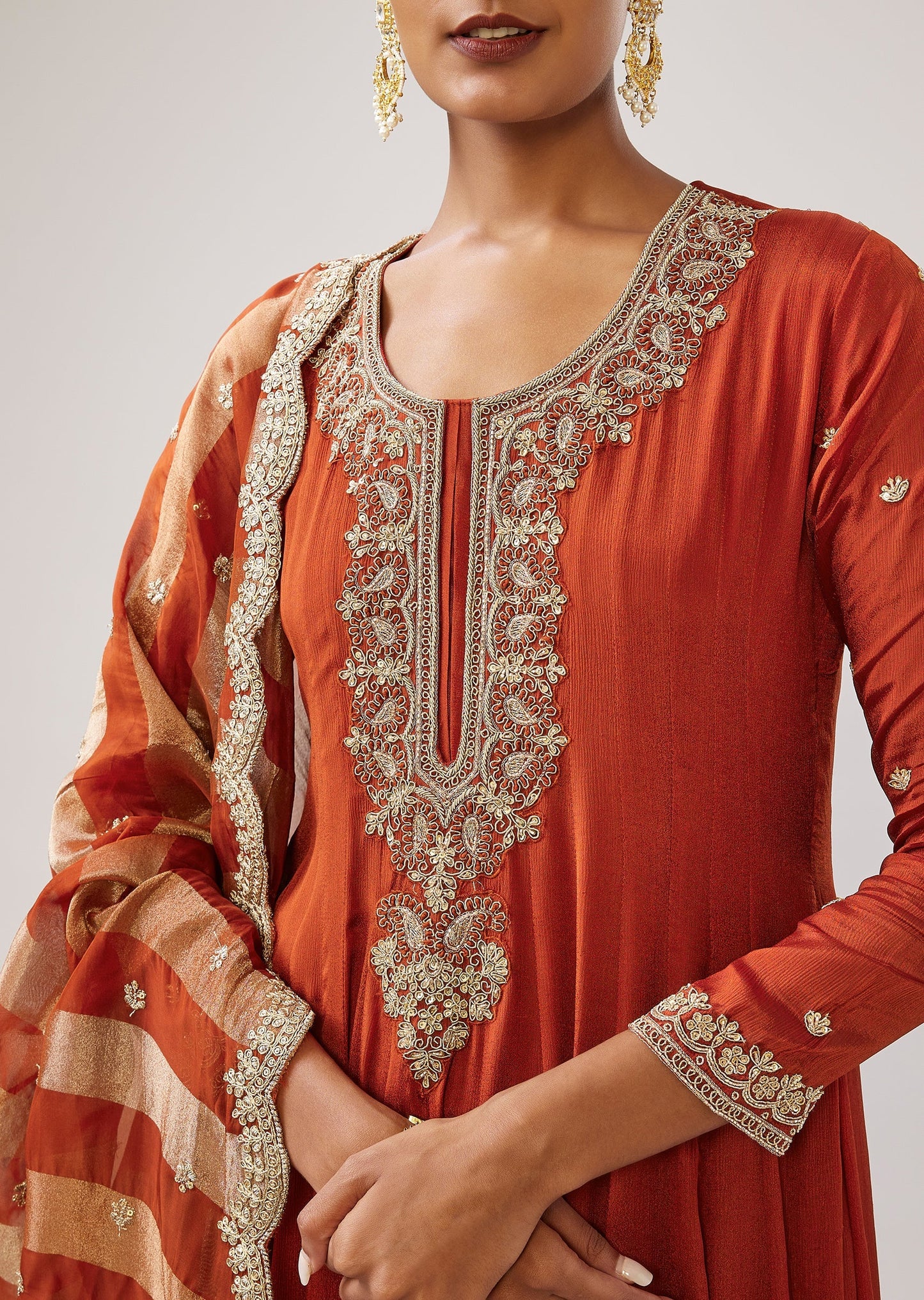 Rust Zardozi Work Chinon Anarkali With Embroidered Dupatta